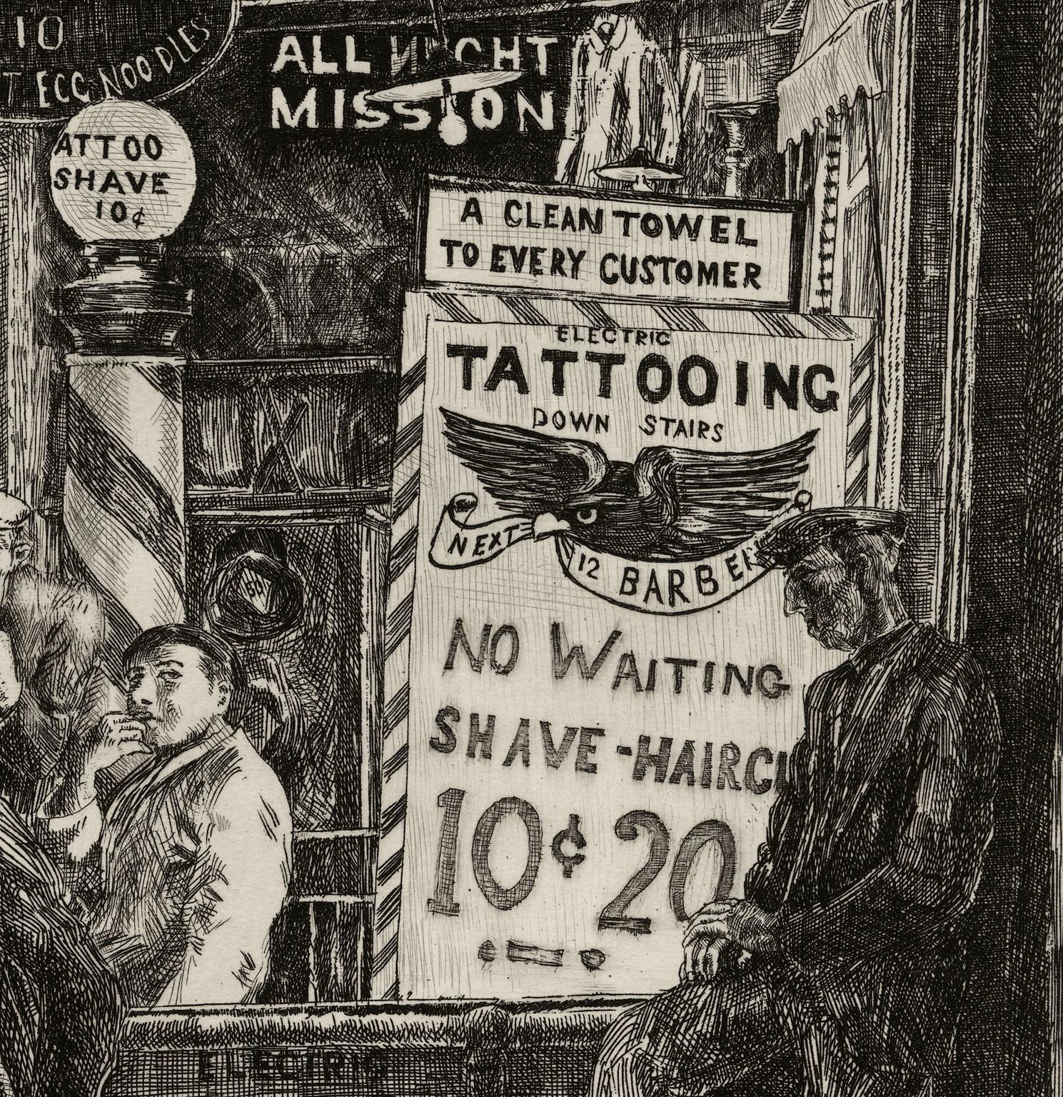 Tattoo-Shave-Haircut - American Realist Print by Reginald Marsh