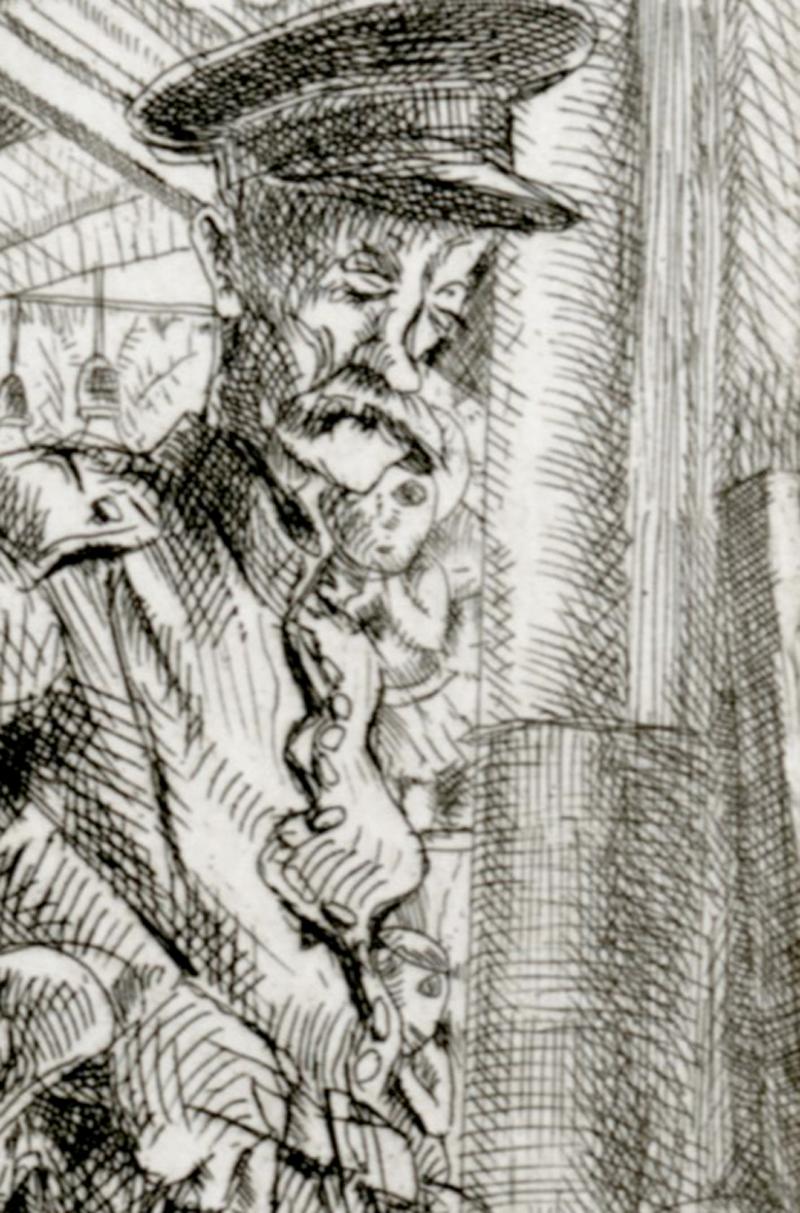 The Barker
Etching, 1931
Unsigned (as usual for the Whitney edition)
Numbered in pencil lower left
Blind stamp of the Whitney Museum (WM) lower right
From: Reginald Marsh, Thirty Etchings and Engravings
Edition: 114, edition of 100 (10/100), plus 14