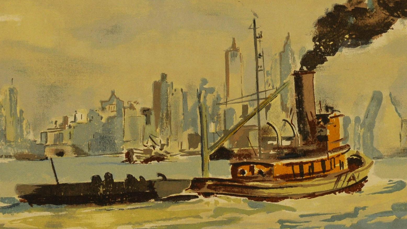 Tug Boat in New York Harbor
Screen print, c. 1942
Signed in the screen lower right (see photo)
Condition: Excellent
Image size: 16 x 20 inches
Published by Living American Art, Inc., New York (active 1942-43): their stamp verso
Reference: Reba and