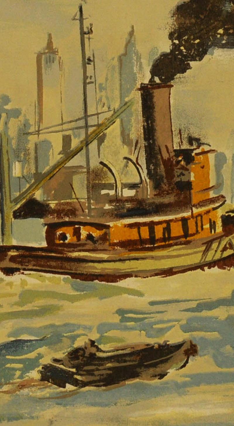 Tug Boat in New York Harbor
Screen print, c. 1942
Signed in the screen lower right (see photo)
Condition: Excellent
Image size: 16 x 20 inches
Published by Living American Art, Inc., New York (active 1942-43): their stamp verso
Reference: Reba and