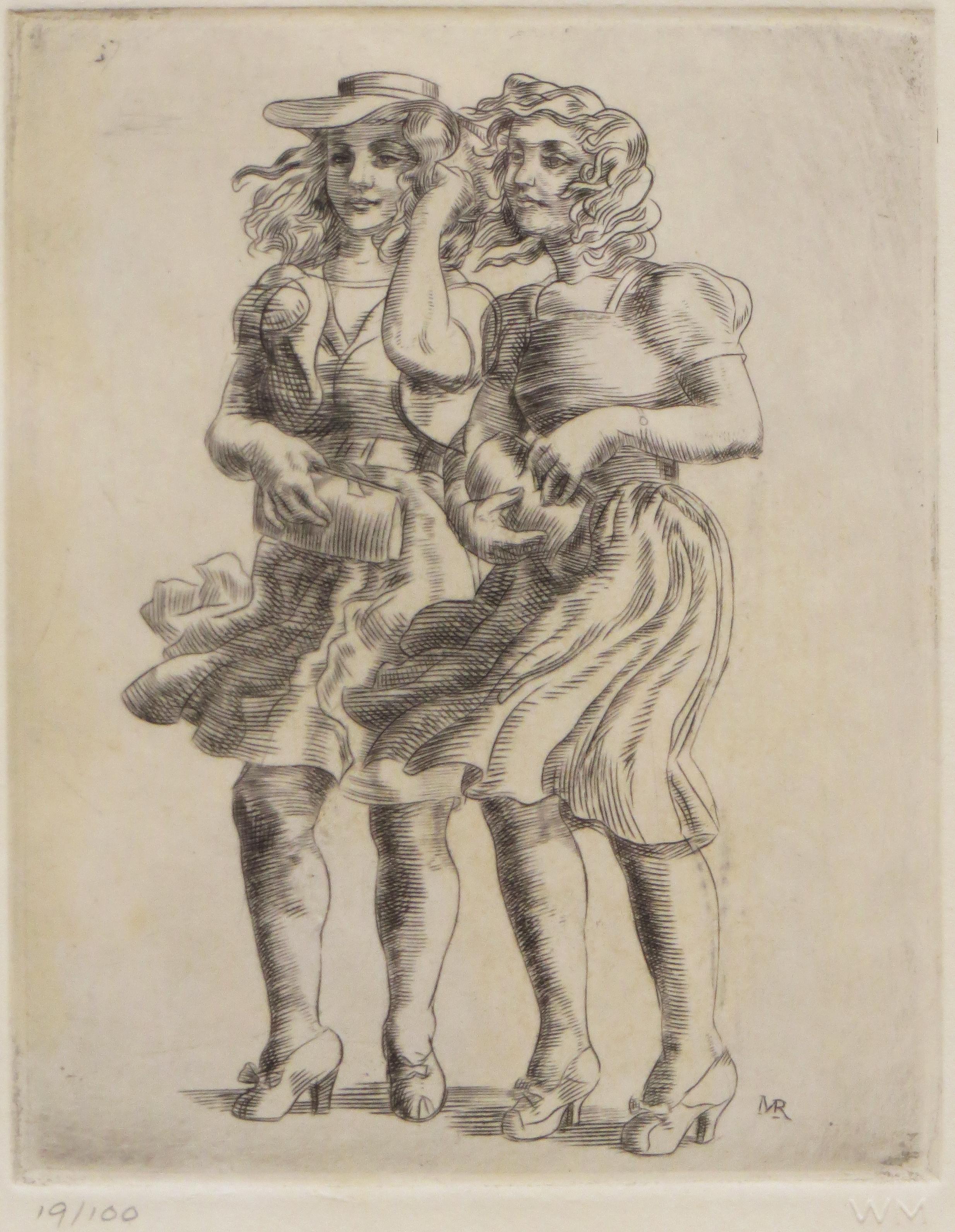 Two Girls in the Wind - Realist Print by Reginald Marsh