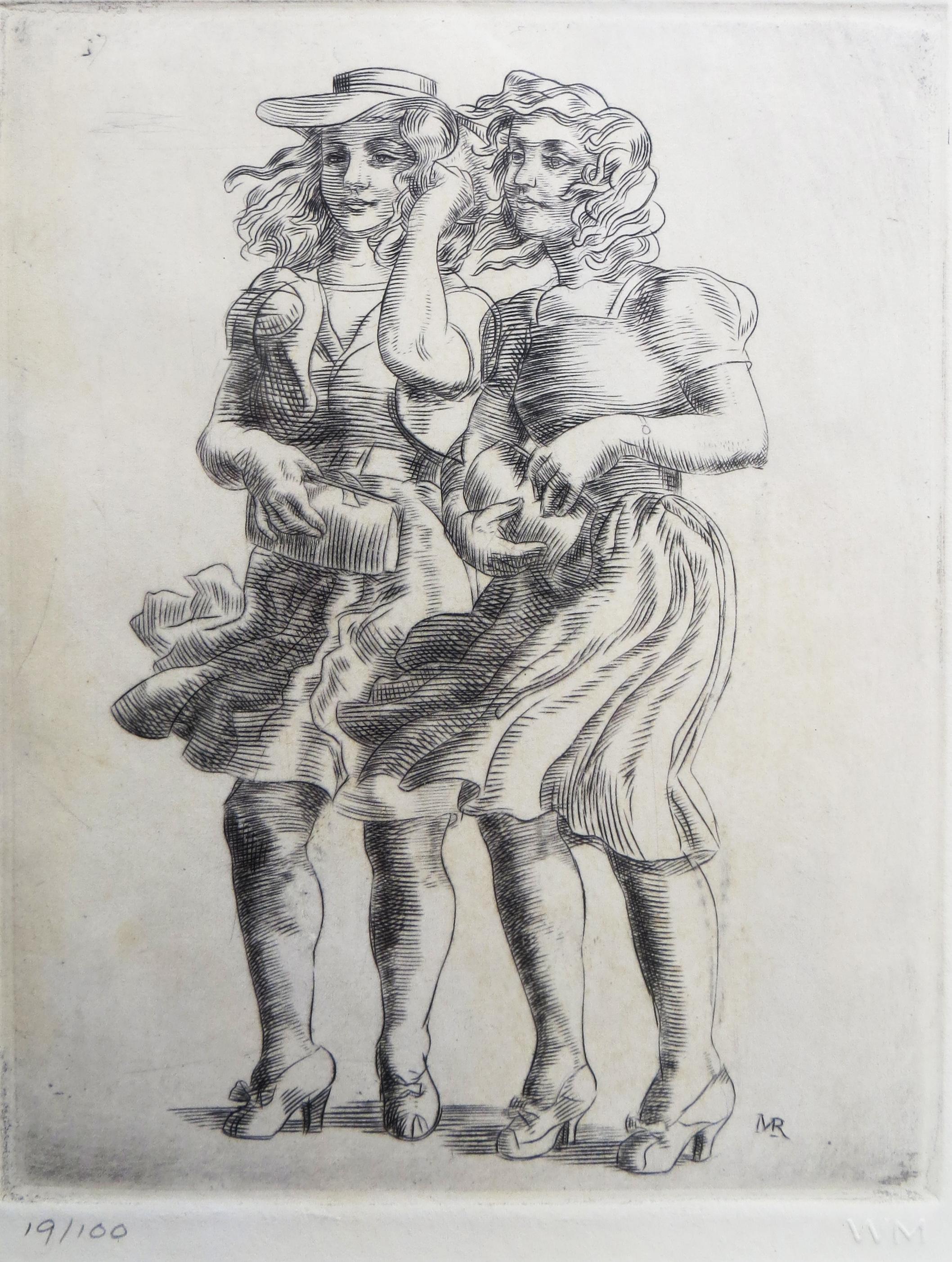 Two Girls in the Wind - Gray Figurative Print by Reginald Marsh