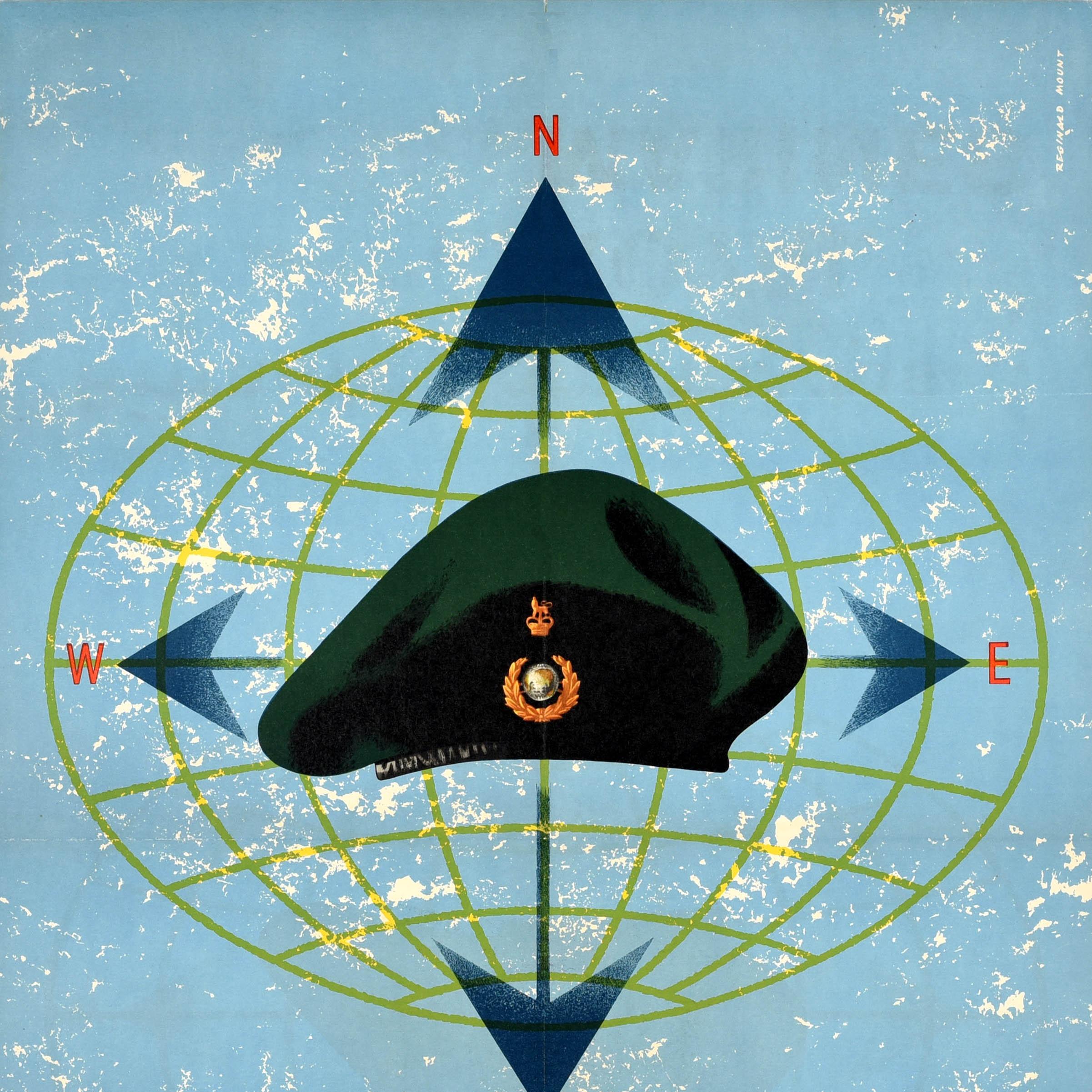 Affiche originale de recrutement militaire pour les Commandos britanniques... The Royal Marines, avec une illustration du créateur d'affiches britannique Reginald Mount (1906-1979) représentant un béret vert avec un insigne de la couronne royale