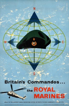 Affiche vintage originale de recrutement militaire des commandants des Royal Marines britanniques 