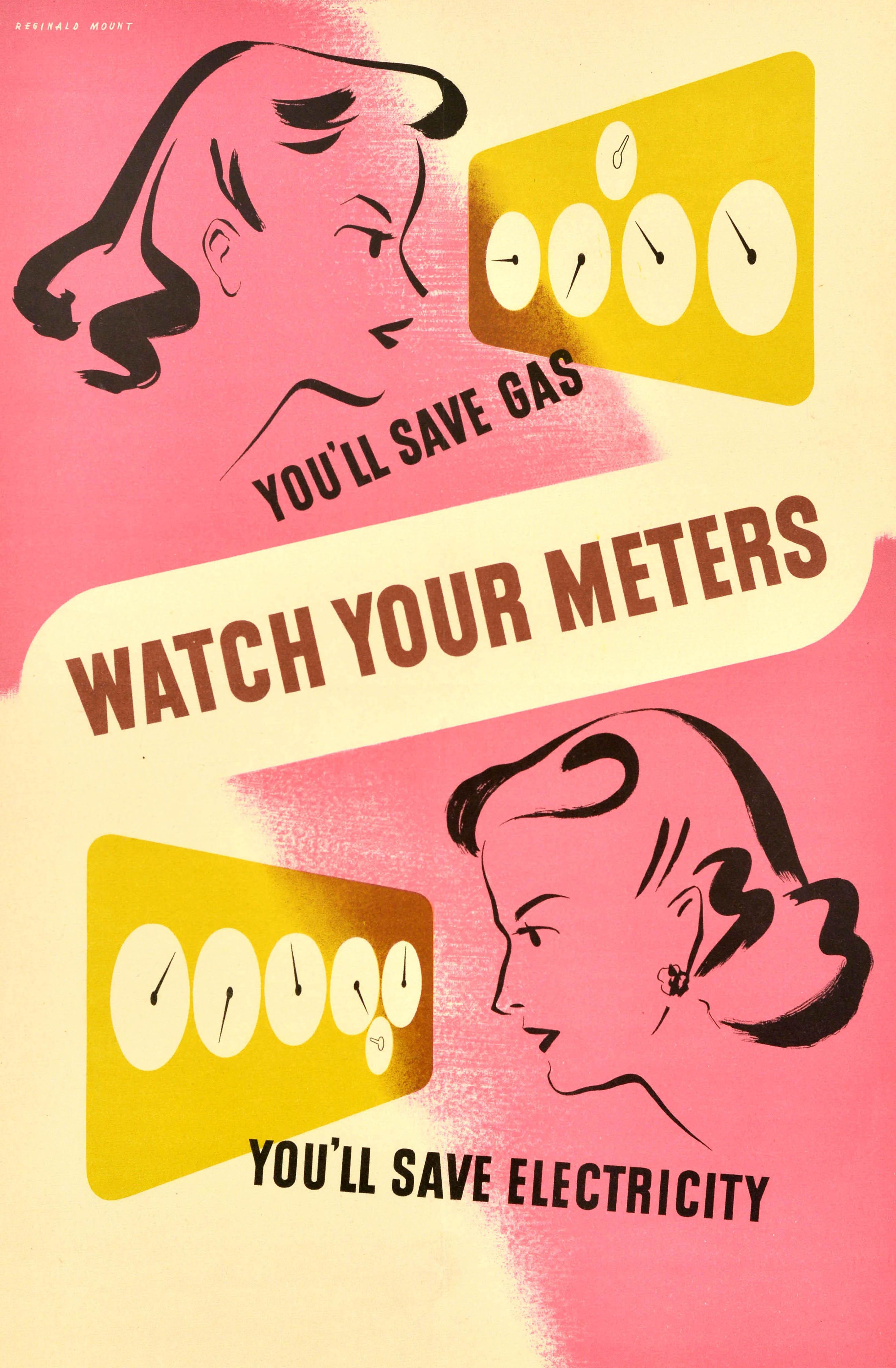 Original Vintage Krieg Energiegassparendes Propaganda-Poster, „Uhr Ihre Meter“, Vintage, WWII – Print von Reginald Mount
