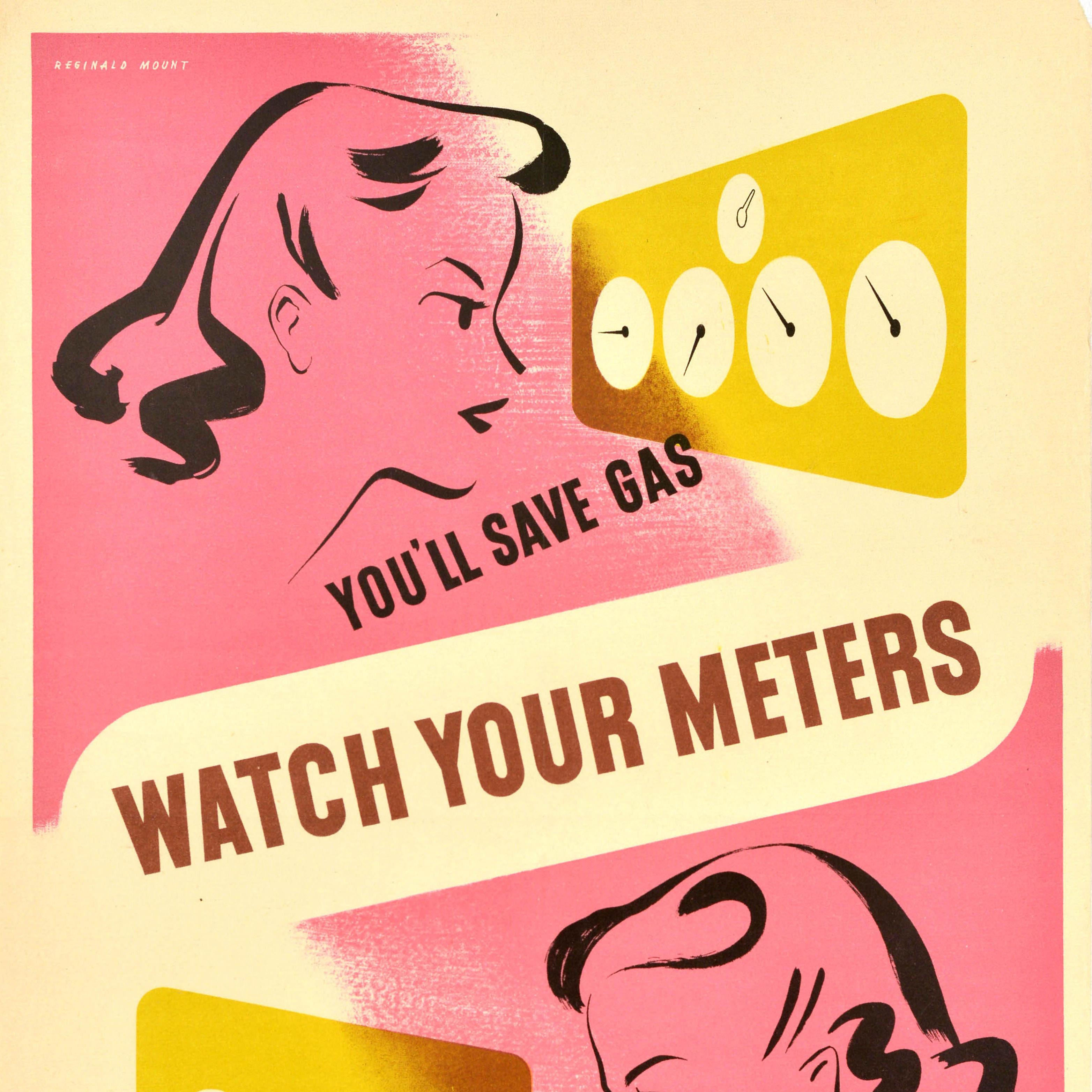 Original Vintage War Energy Saving Gas Propaganda Poster Watch Your Meters WWII (Affiche de propagande pour l'économie d'énergie et de gaz) - Orange Print par Reginald Mount