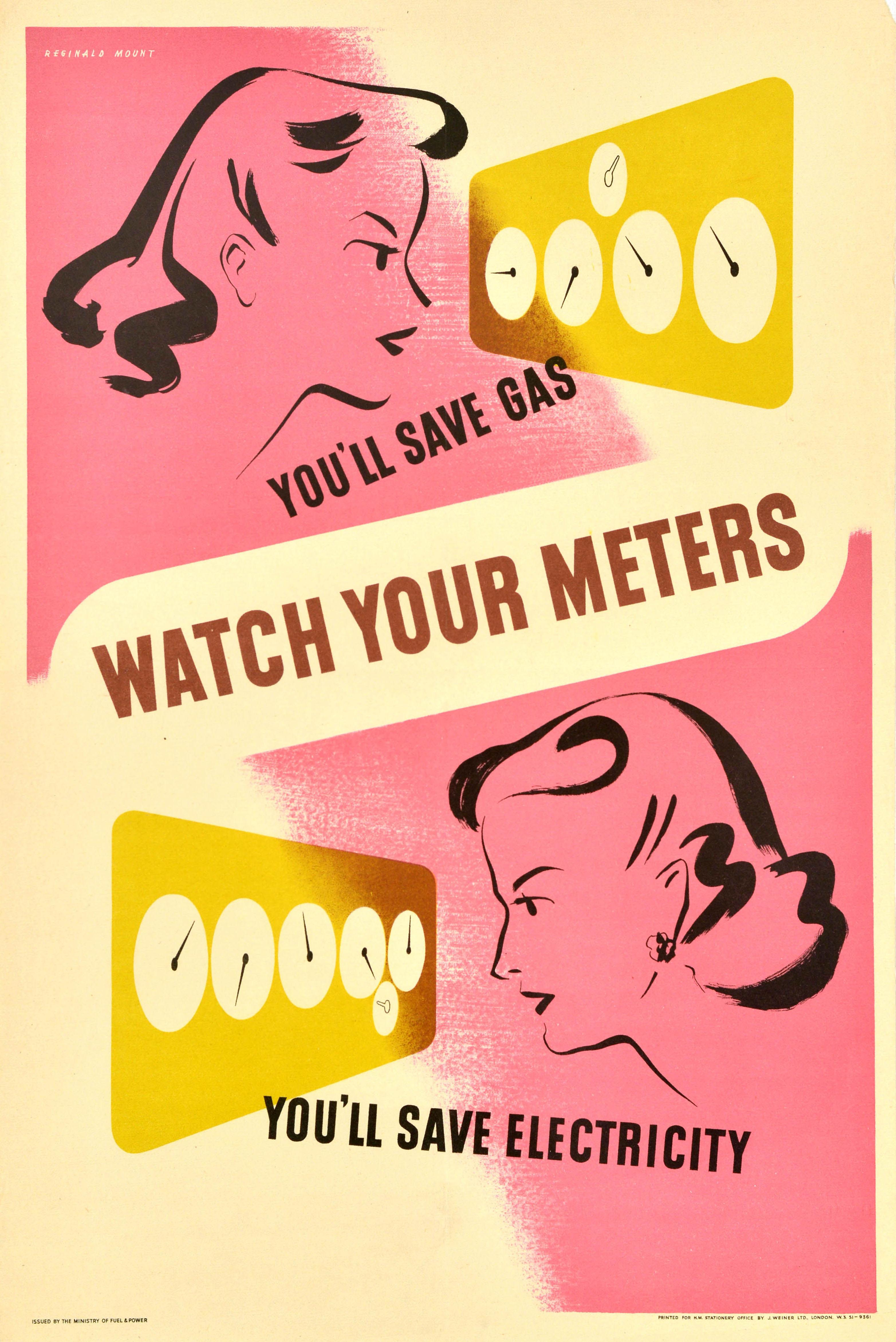 Reginald Mount Print – Original Vintage Krieg Energiegassparendes Propaganda-Poster, „Uhr Ihre Meter“, Vintage, WWII