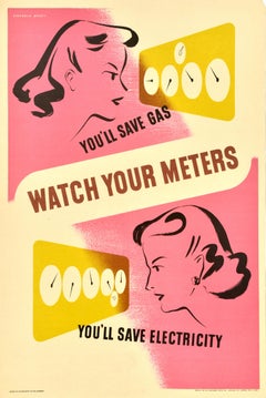 Original Vintage War Energy Saving Gas Propaganda Poster Watch Your Meters WWII (Affiche de propagande pour l'économie d'énergie et de gaz)