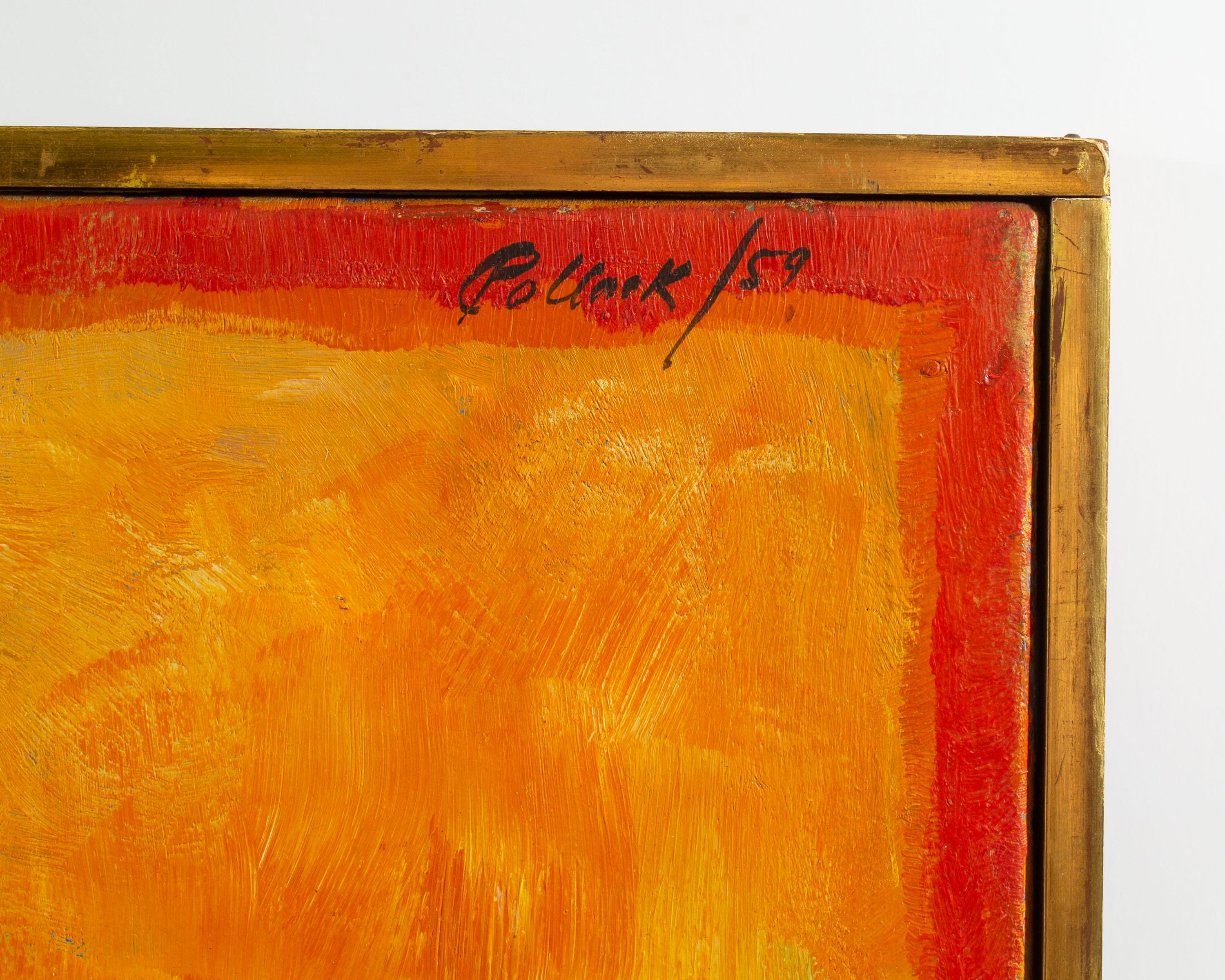A signed oil on canvas abstract painting by the American artist Reginald Murray Pollack (1924-2001). Dated 1959, the painting features an abstract interior scene replete with paintings and colorful tabletop arrangements. A vibrant deep orange with a