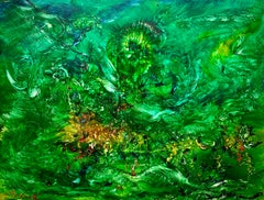 Vintage Forest Angel, Reginald Pollack Abstract Expressionist Oil on Masonite Green