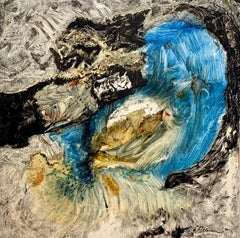 Mixed Element, Reginald Pollack Abstract Oil on Masonite Black White Blue