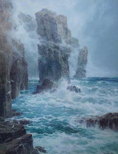 Pembrokeshire Stacks - Quadro ad olio di exh art vittoriano britannico con paesaggio marino costiero