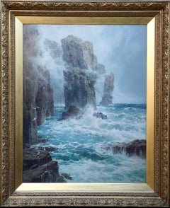 Pembrokeshire Stacks - British Victorian exh art coastal seascape oil painting
