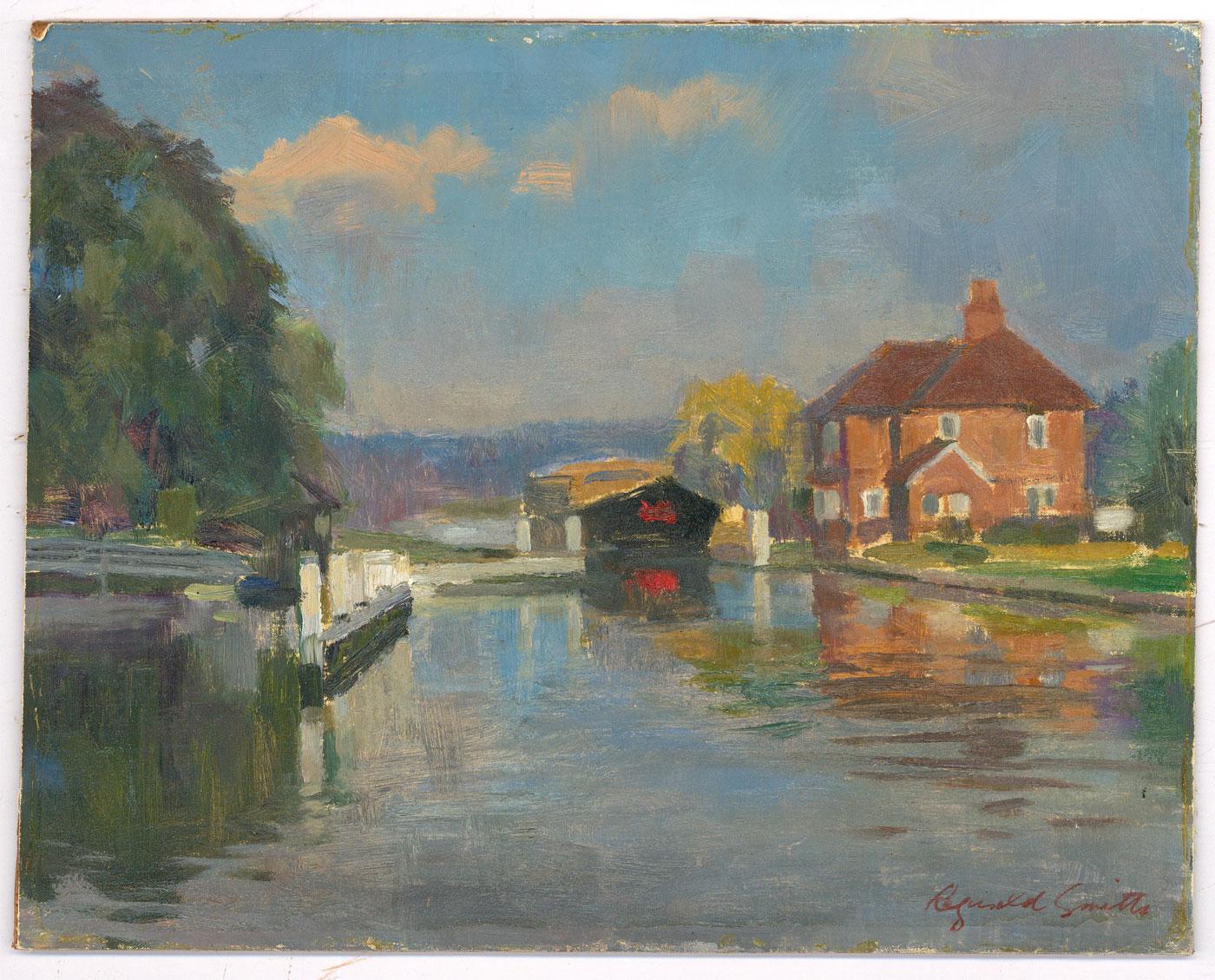 Reginald Smithe - Huile du XXe siècle, L'Acteif à l'écluse de Shiplake en vente 1