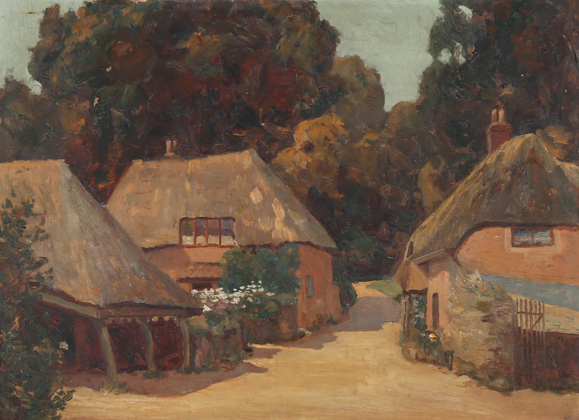 This charming scene by landscape painter Reginald St. Clair Marston (1886-1943), depicts Cockington Lane and forge near Torquay, Devon. Dating back over 300 years these particular thatched cottages are some of the most photographed buildings in
