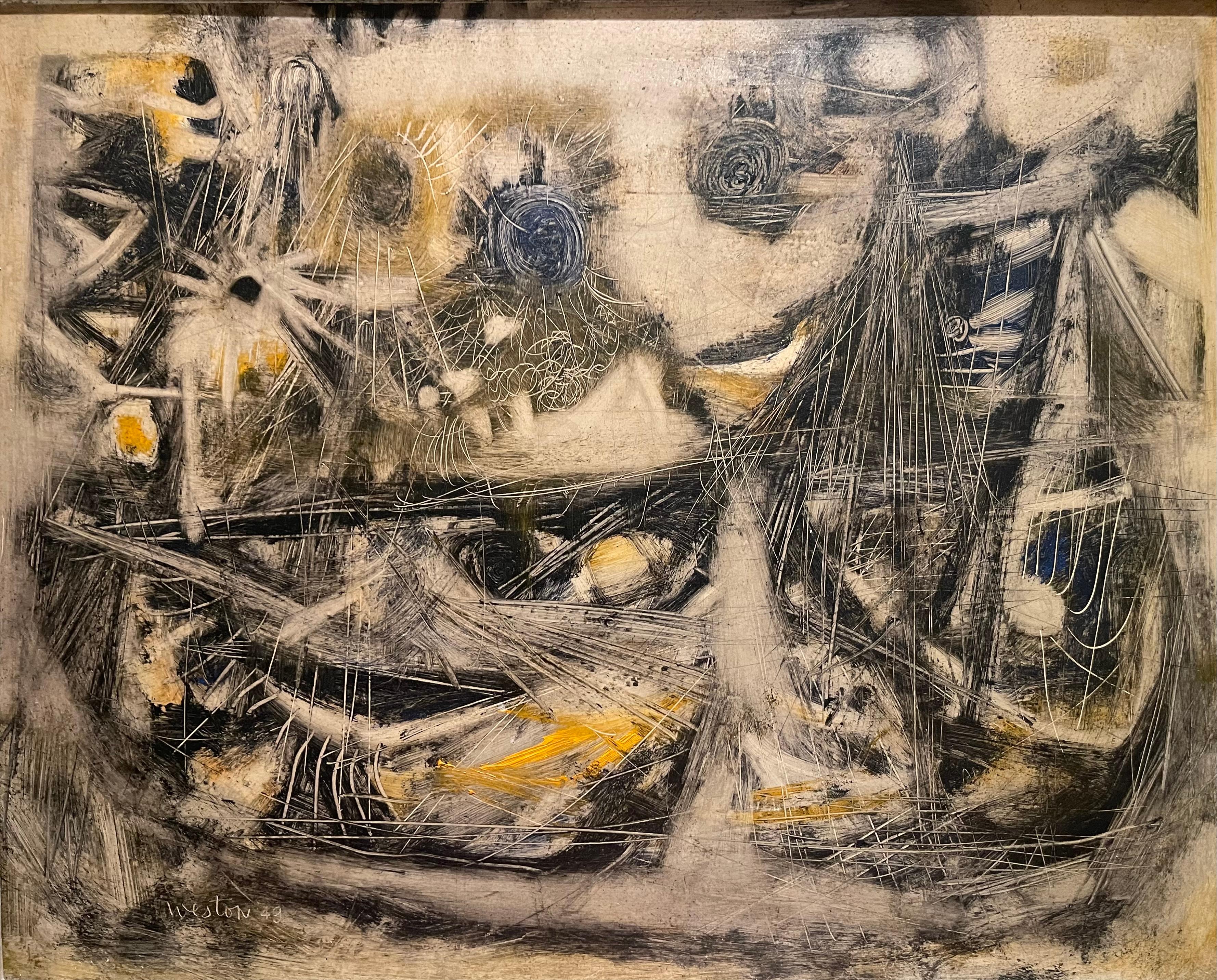 Painting, oil on cardboard, representing an abstract scene. Signed lower left and dated 