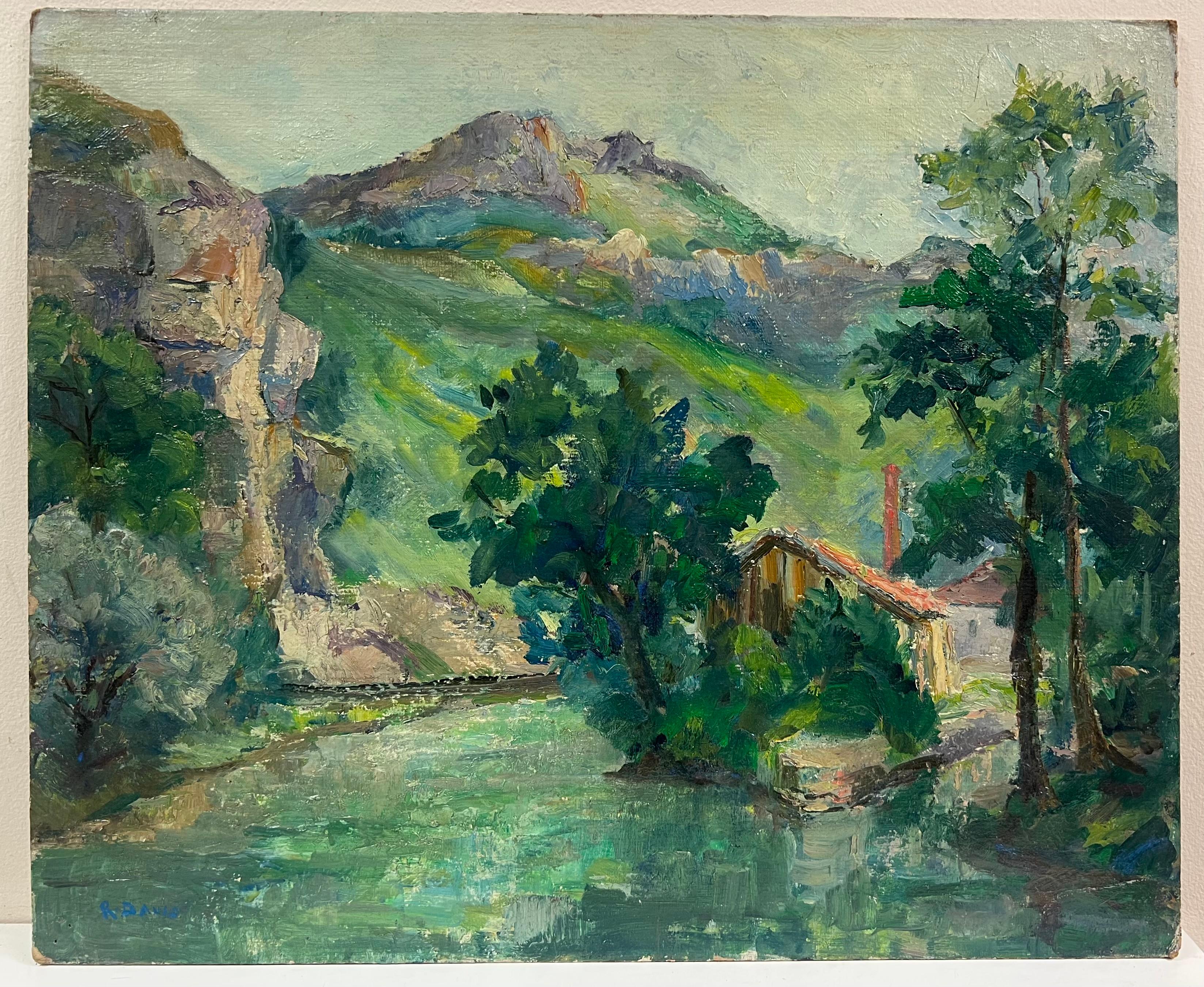 1930's French Green Lush River Landscape Gorge Valley Signed Oil Painting - Gray Landscape Painting by Regine David
