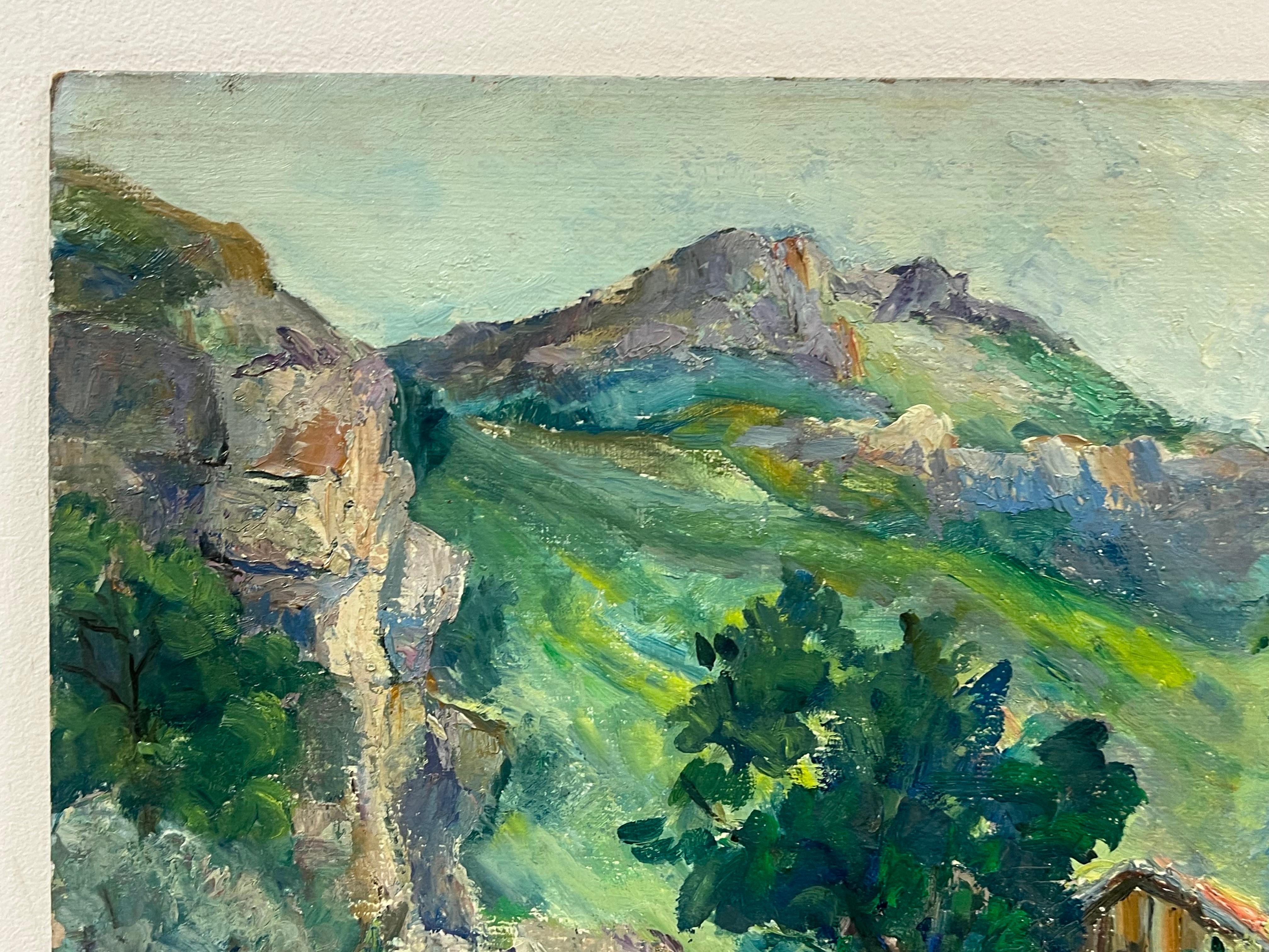 1930's French Green Lush River Landscape Gorge Valley Signed Oil Painting For Sale 1