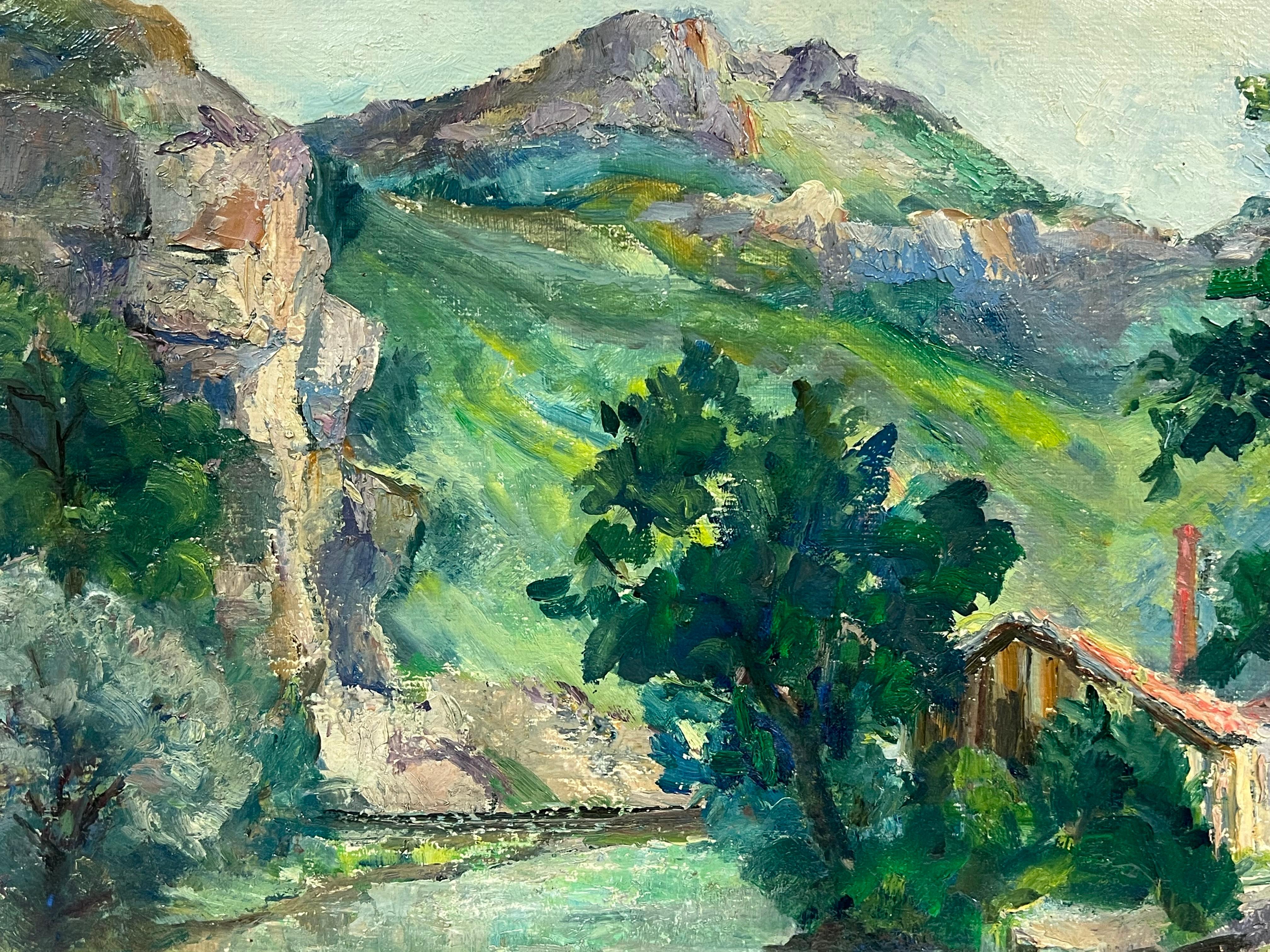 1930's French Green Lush River Landscape Gorge Valley Signed Oil Painting For Sale 2