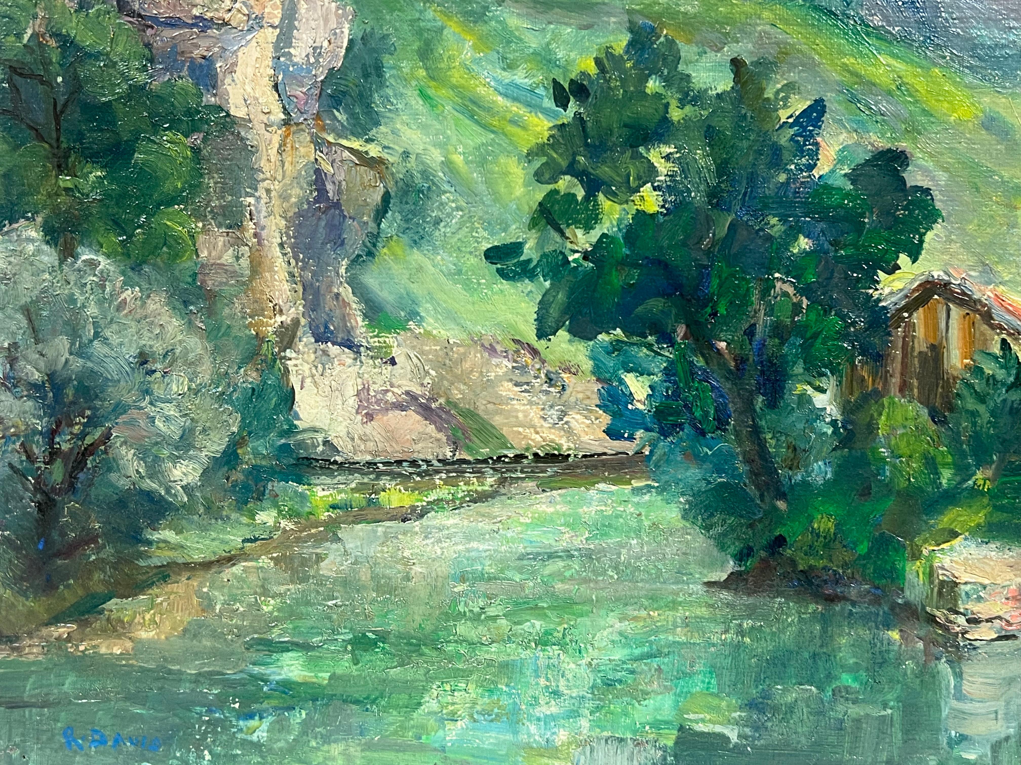 1930's French Green Lush River Landscape Gorge Valley Signed Oil Painting For Sale 3