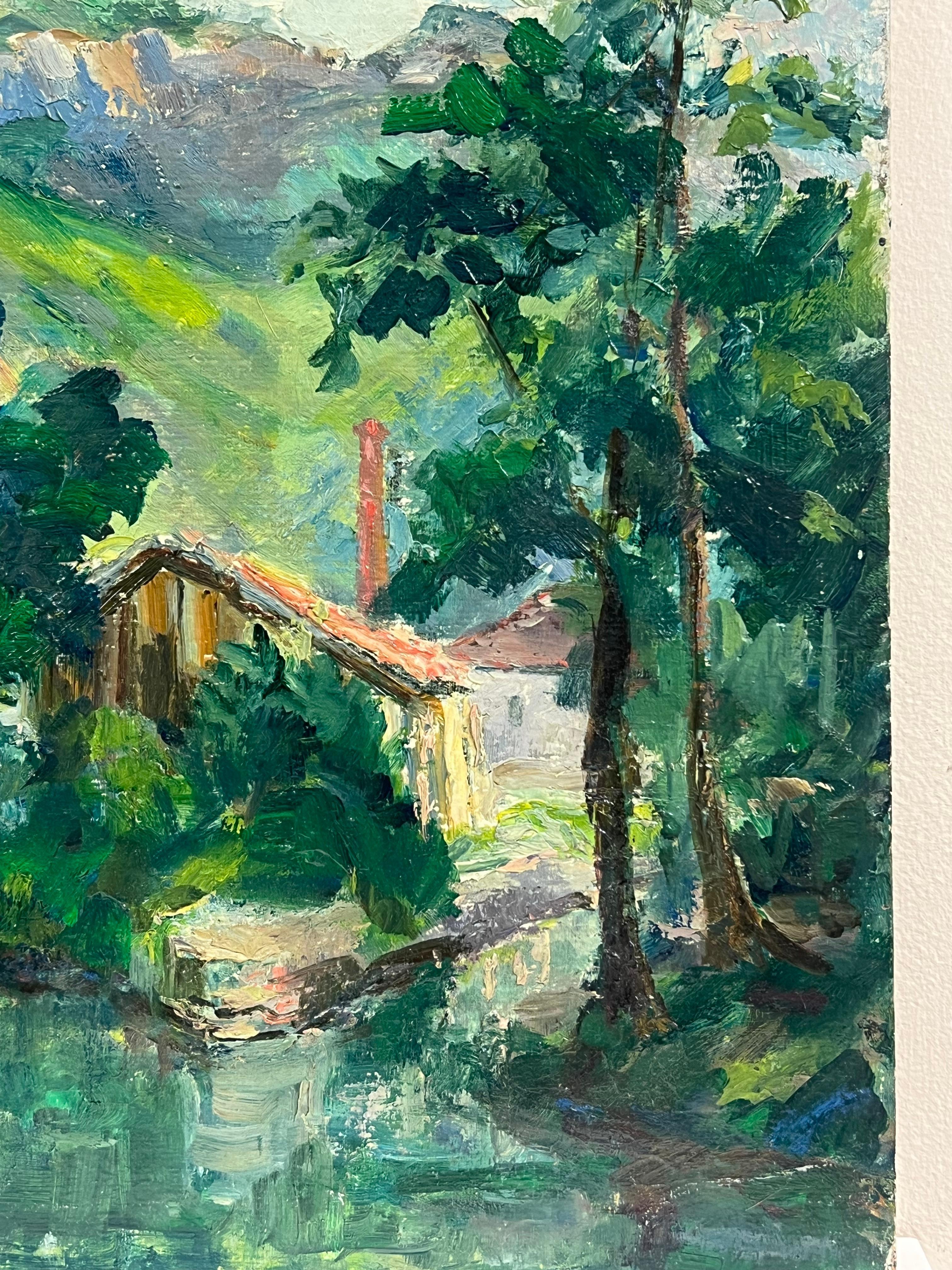 1930's French Green Lush River Landscape Gorge Valley Signed Oil Painting For Sale 5