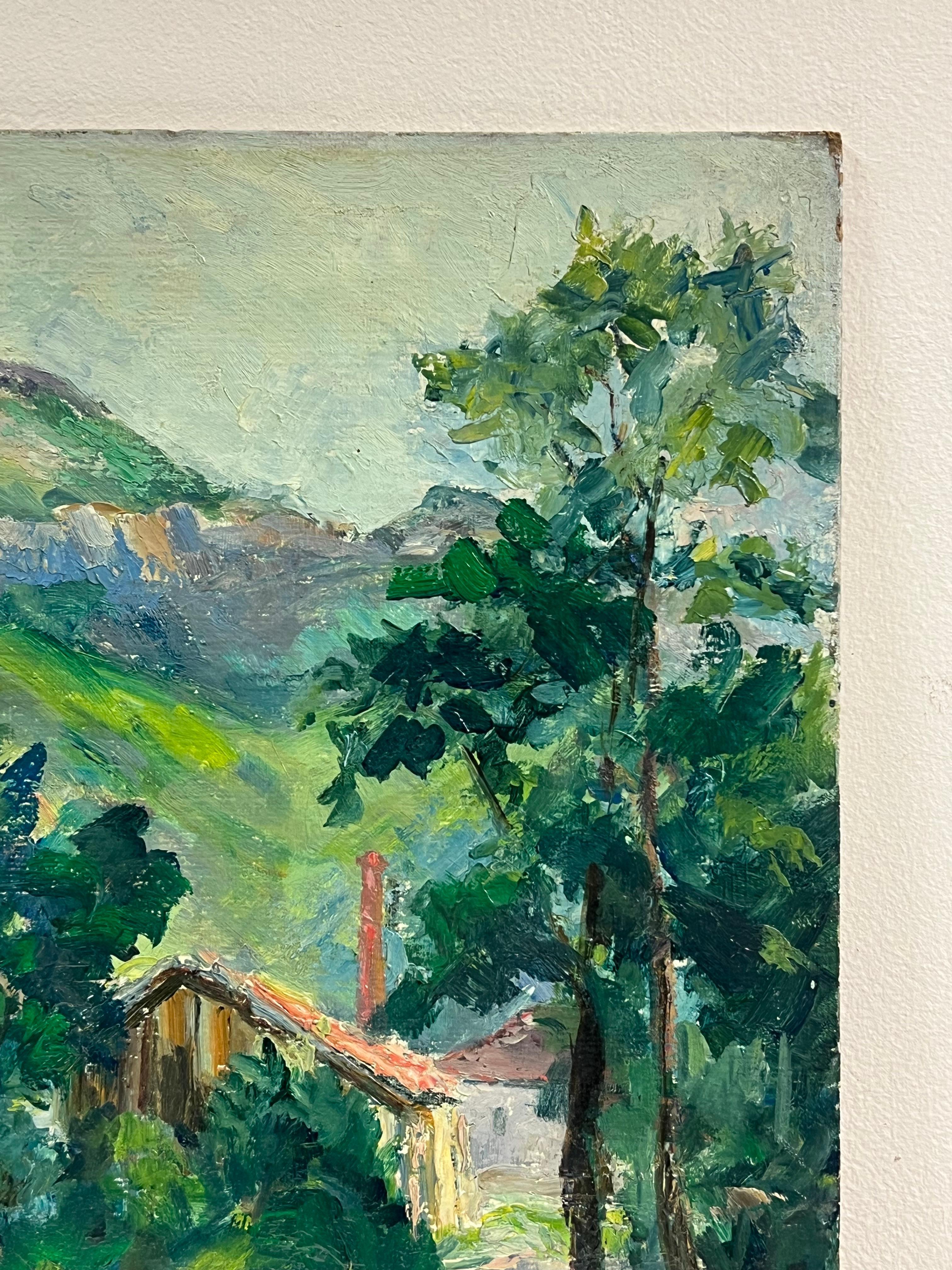 1930's French Green Lush River Landscape Gorge Valley Signed Oil Painting For Sale 6