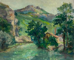 1930's French Green Lush River Landscape Gorge Valley Signed Oil Painting