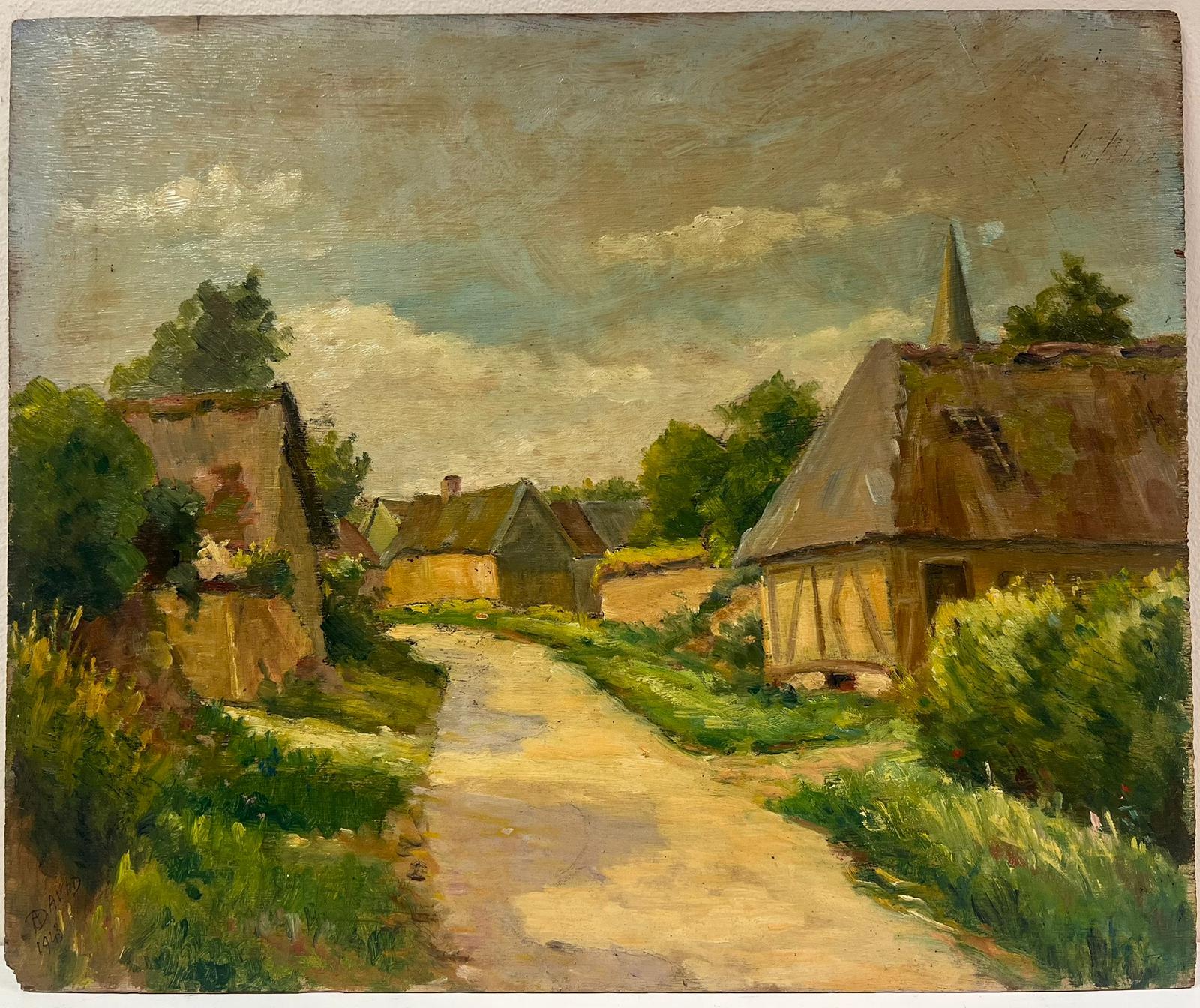Französischer Impressionist, signiert, Öl, Grüne Felder, Village Lane, Old Houses, Französisch, 1940er Jahre – Painting von Regine David
