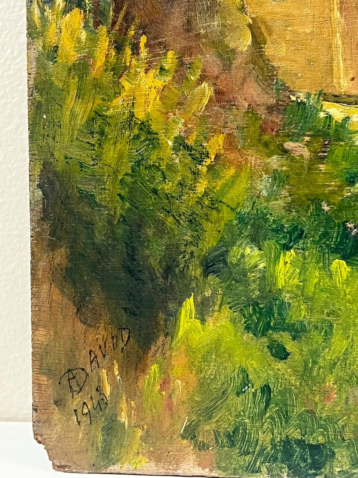 Französischer Impressionist, signiert, Öl, Grüne Felder, Village Lane, Old Houses, Französisch, 1940er Jahre (Braun), Landscape Painting, von Regine David