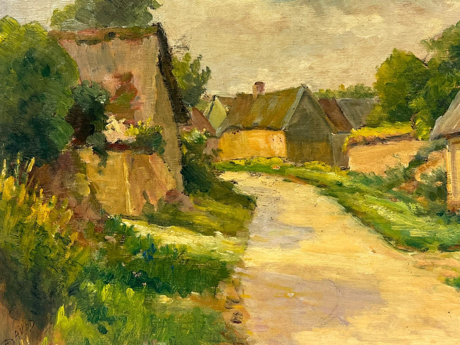 Französischer Impressionist, signiert, Öl, Grüne Felder, Village Lane, Old Houses, Französisch, 1940er Jahre im Angebot 1