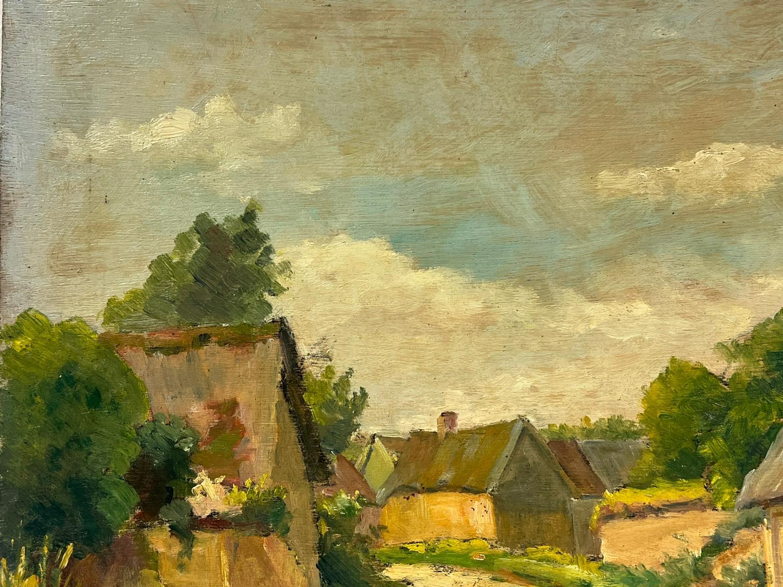 Französischer Impressionist, signiert, Öl, Grüne Felder, Village Lane, Old Houses, Französisch, 1940er Jahre im Angebot 2