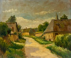 1940's French Impressionist Signed Oil Green Fields Village Lane Old Houses