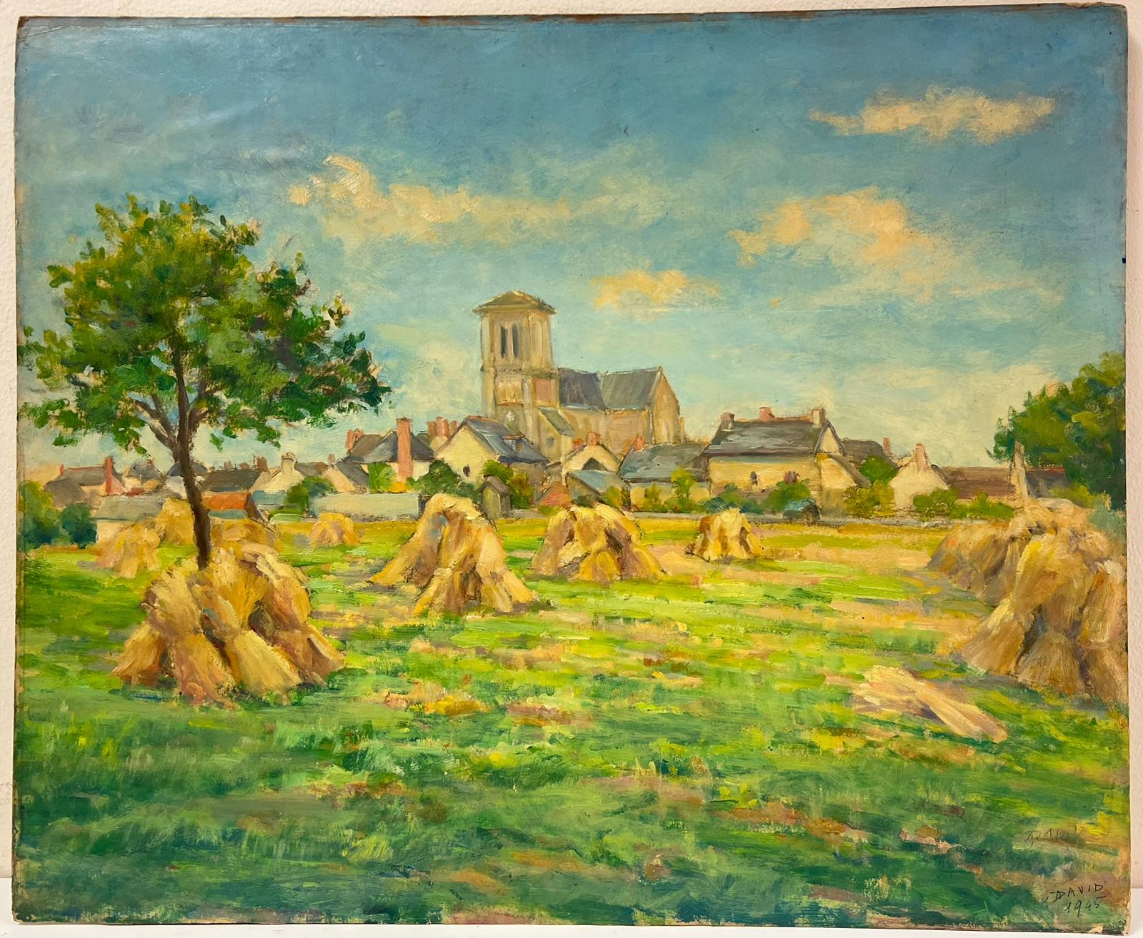 Französische impressionistische signierte Weizengarbenschalen aus Öl im Dorferntefeld, 1940er Jahre – Painting von Regine David