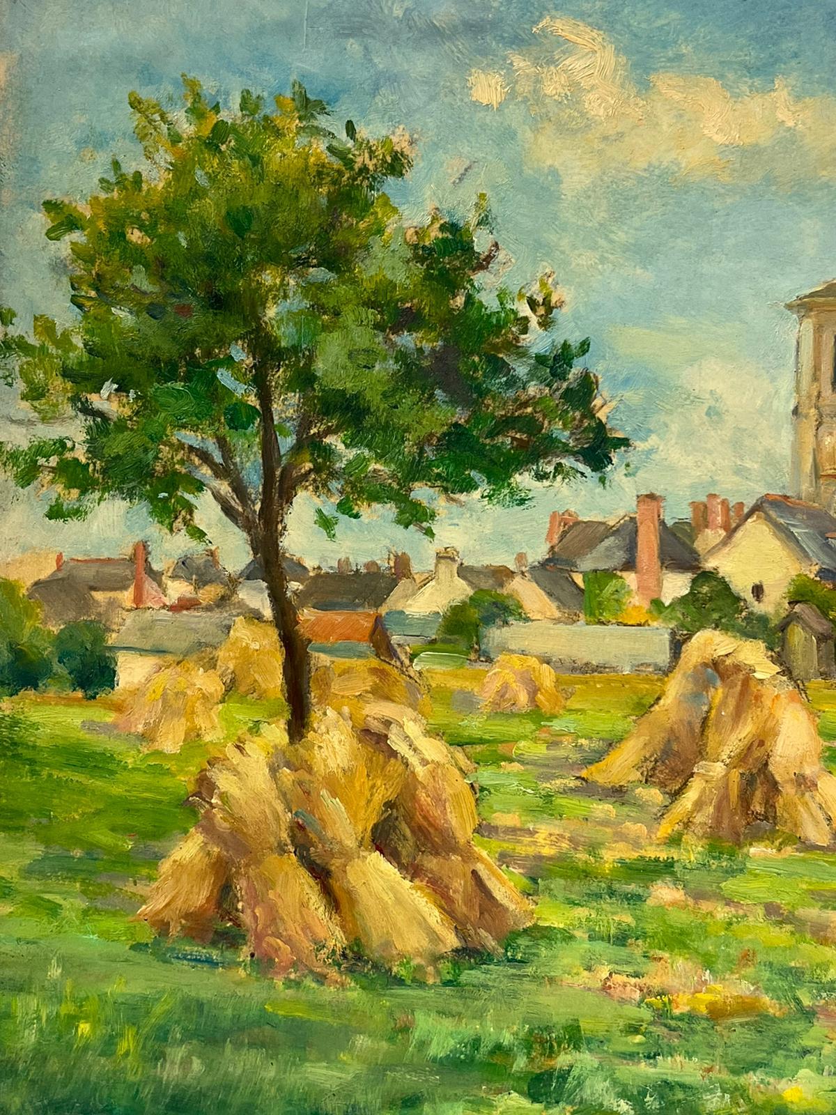 Französische impressionistische signierte Weizengarbenschalen aus Öl im Dorferntefeld, 1940er Jahre (Braun), Landscape Painting, von Regine David