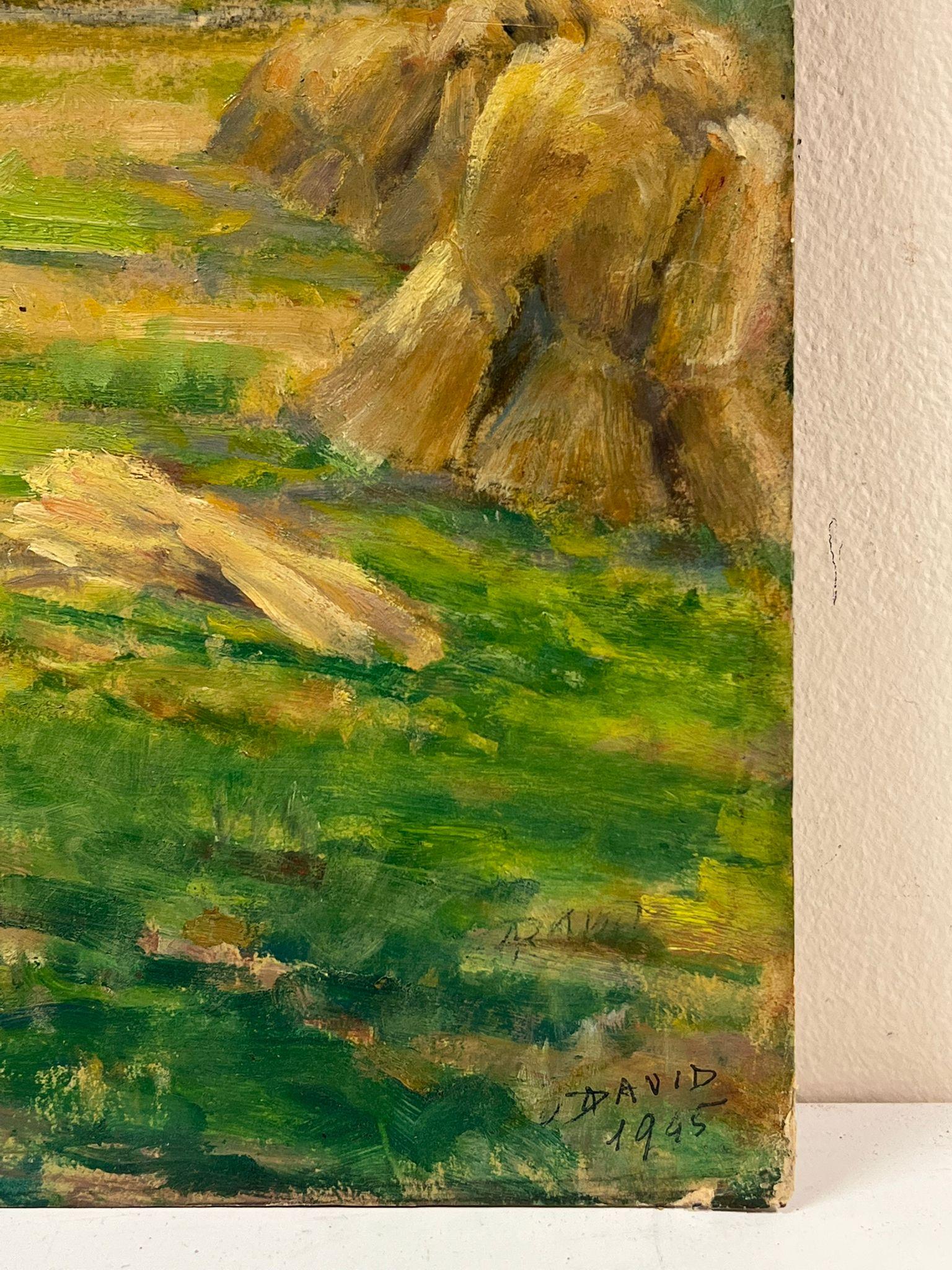 Französische impressionistische signierte Weizengarbenschalen aus Öl im Dorferntefeld, 1940er Jahre im Angebot 1