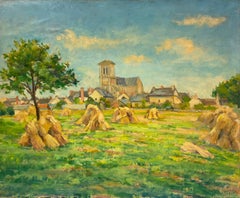 1940 Oleo Impresionista Francés Firmado Wheatsheaves in Village Harvest Field