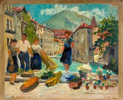 1940 Pintura al óleo francesa Figuras Sur de Francia Ocupada Escena de Mercado