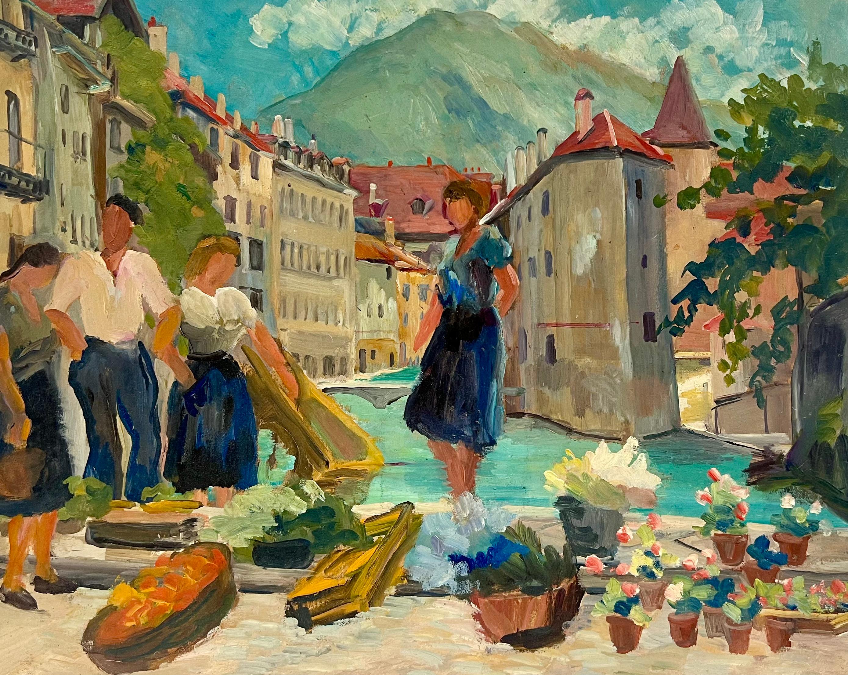 Französische Ölgemäldefiguren, Südfrankreich, Busy Market Scene, 1940er Jahre (Post-Impressionismus), Painting, von Regine David