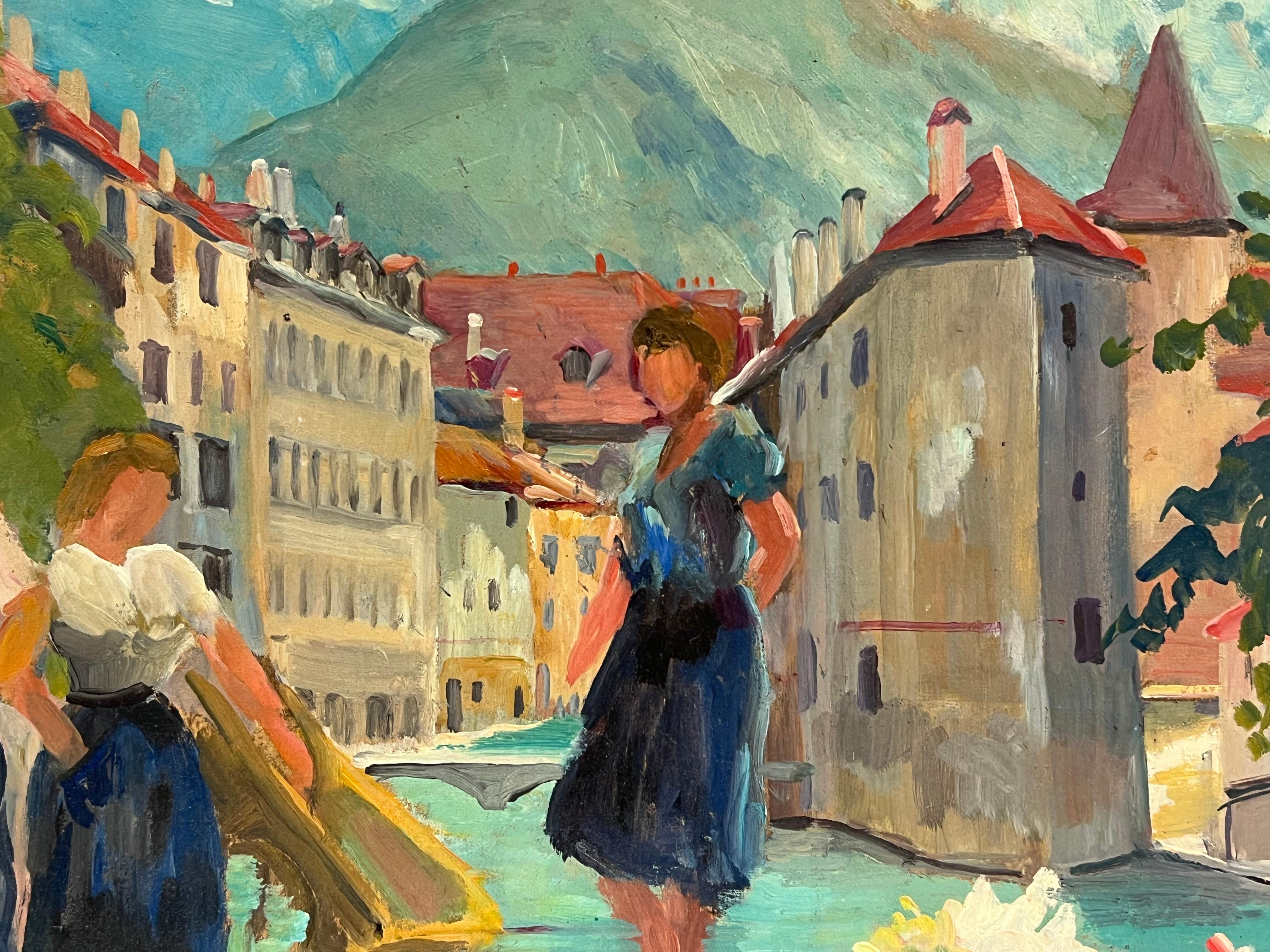 Französische Ölgemäldefiguren, Südfrankreich, Busy Market Scene, 1940er Jahre (Braun), Figurative Painting, von Regine David