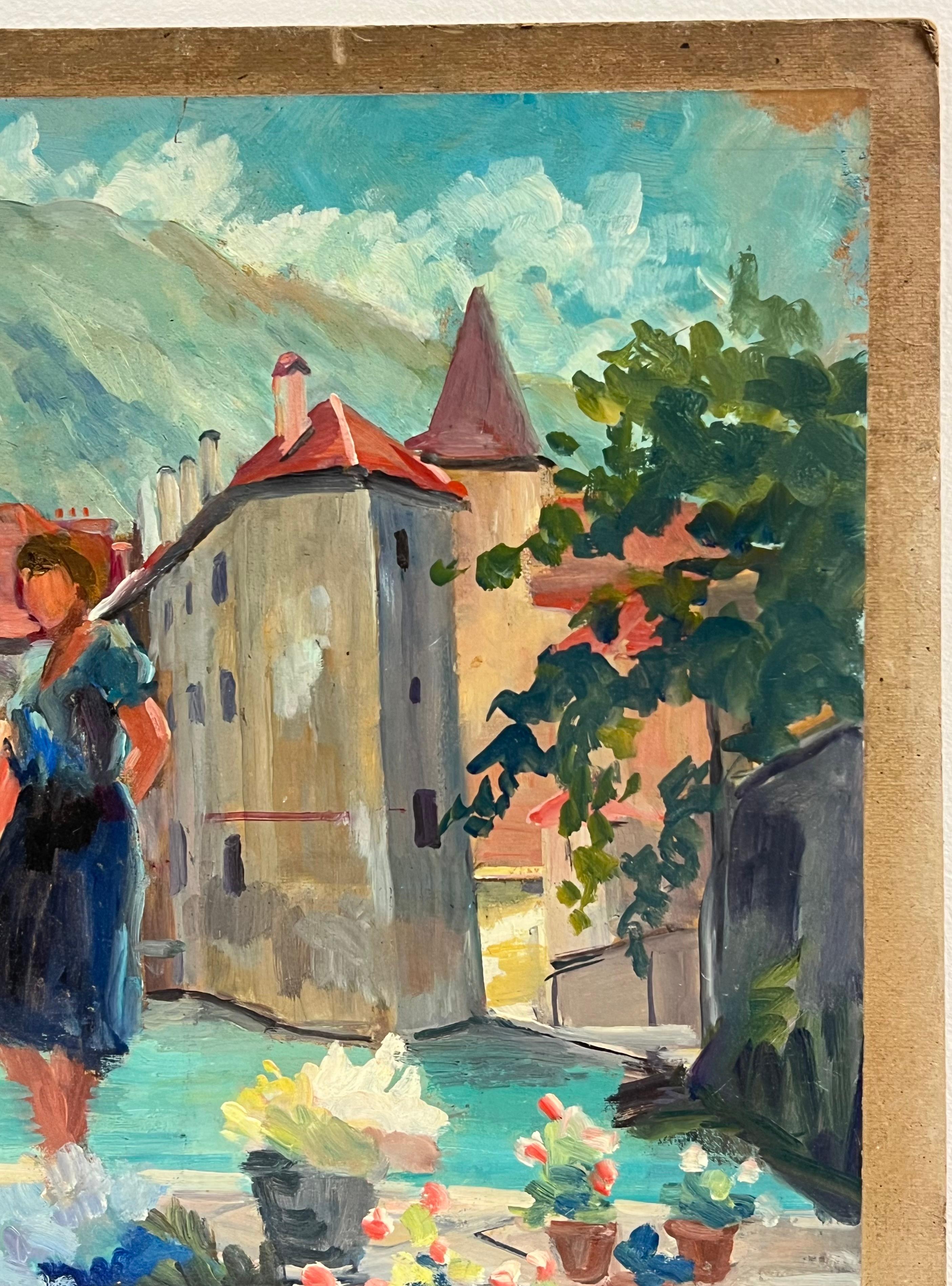 Französische Ölgemäldefiguren, Südfrankreich, Busy Market Scene, 1940er Jahre im Angebot 3