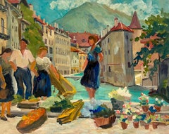 1940 Pintura al óleo francesa Figuras Sur de Francia Ocupada Escena de Mercado