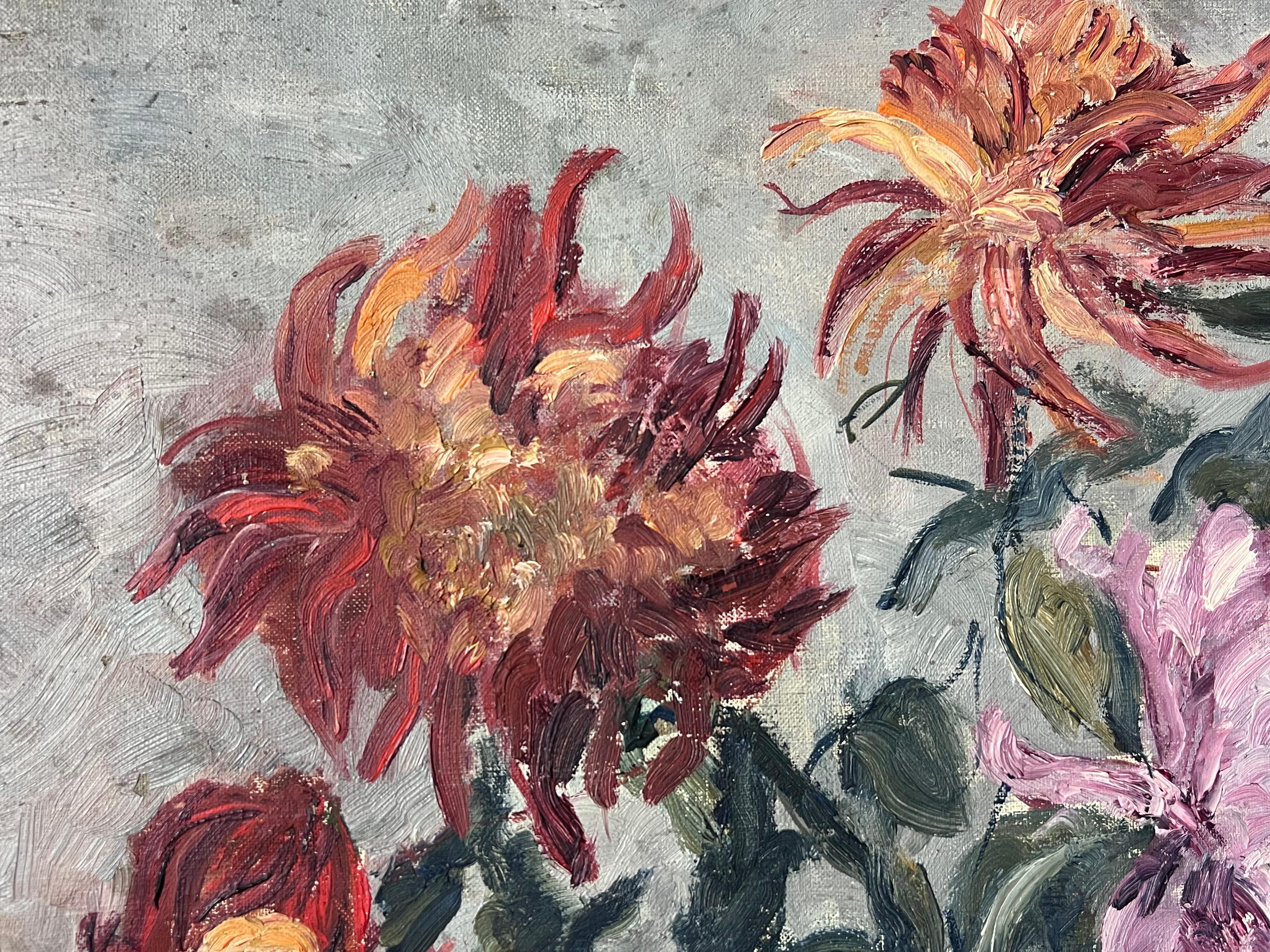 1940's Pintura al Óleo Postimpresionista Francesa Hermoso Manojo de Flores - Still-Life Painting Gris de Regine David