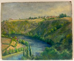 1940's French River Valley Lush Green Colors Signed Oil Painting
