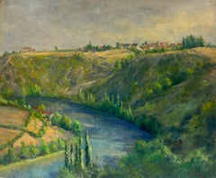 Pittura ad olio firmata degli anni '40 della Valle del Fiume Francese con colori verdi e lussureggianti