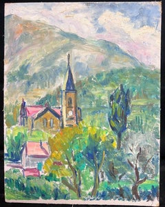 1950's French Bright Village Church Among the Hills Post-Impressionist Oil