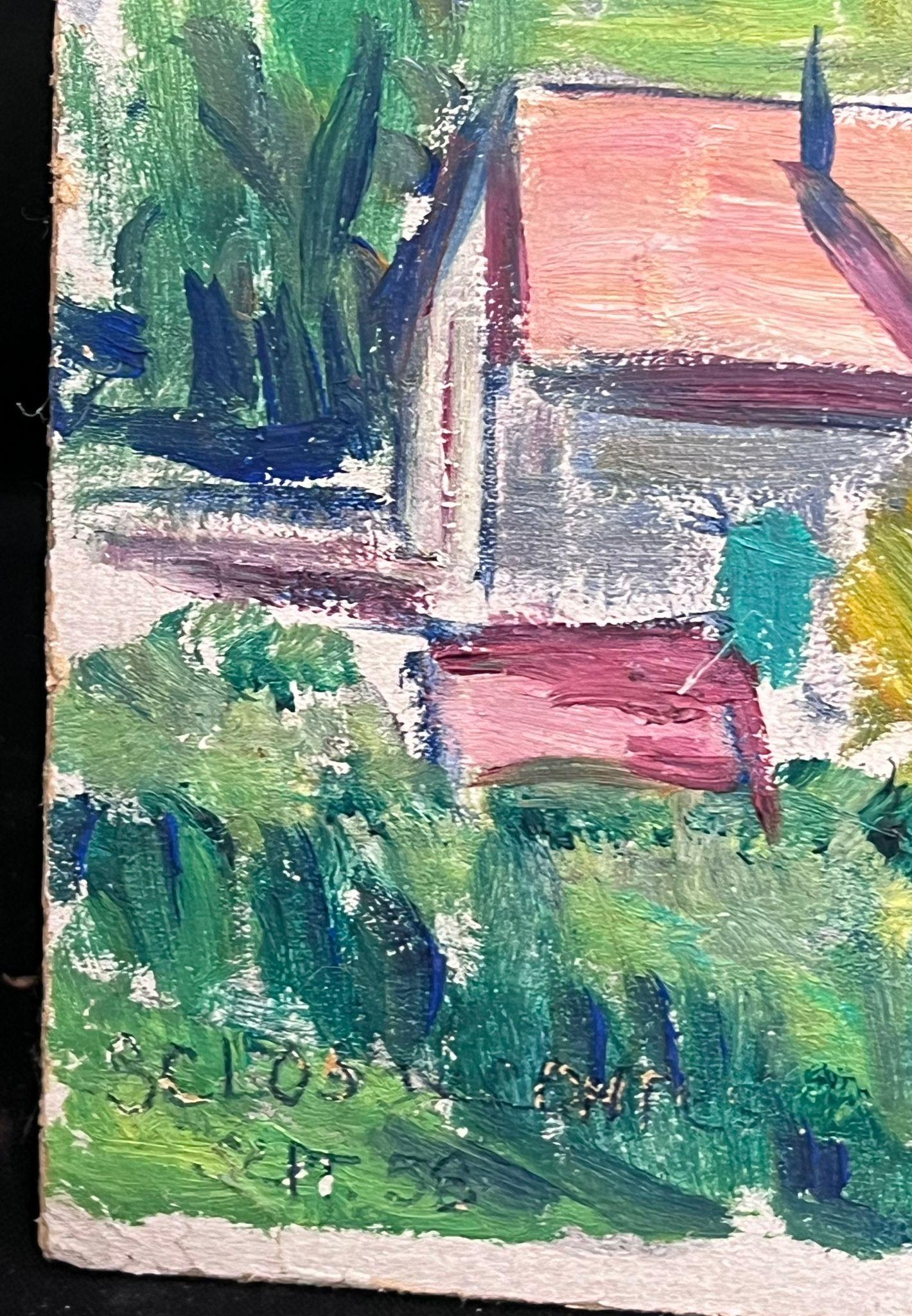 1950's French Bright Village Church Among the Hills Post-Impressionist Oil - Gray Landscape Painting by Regine David