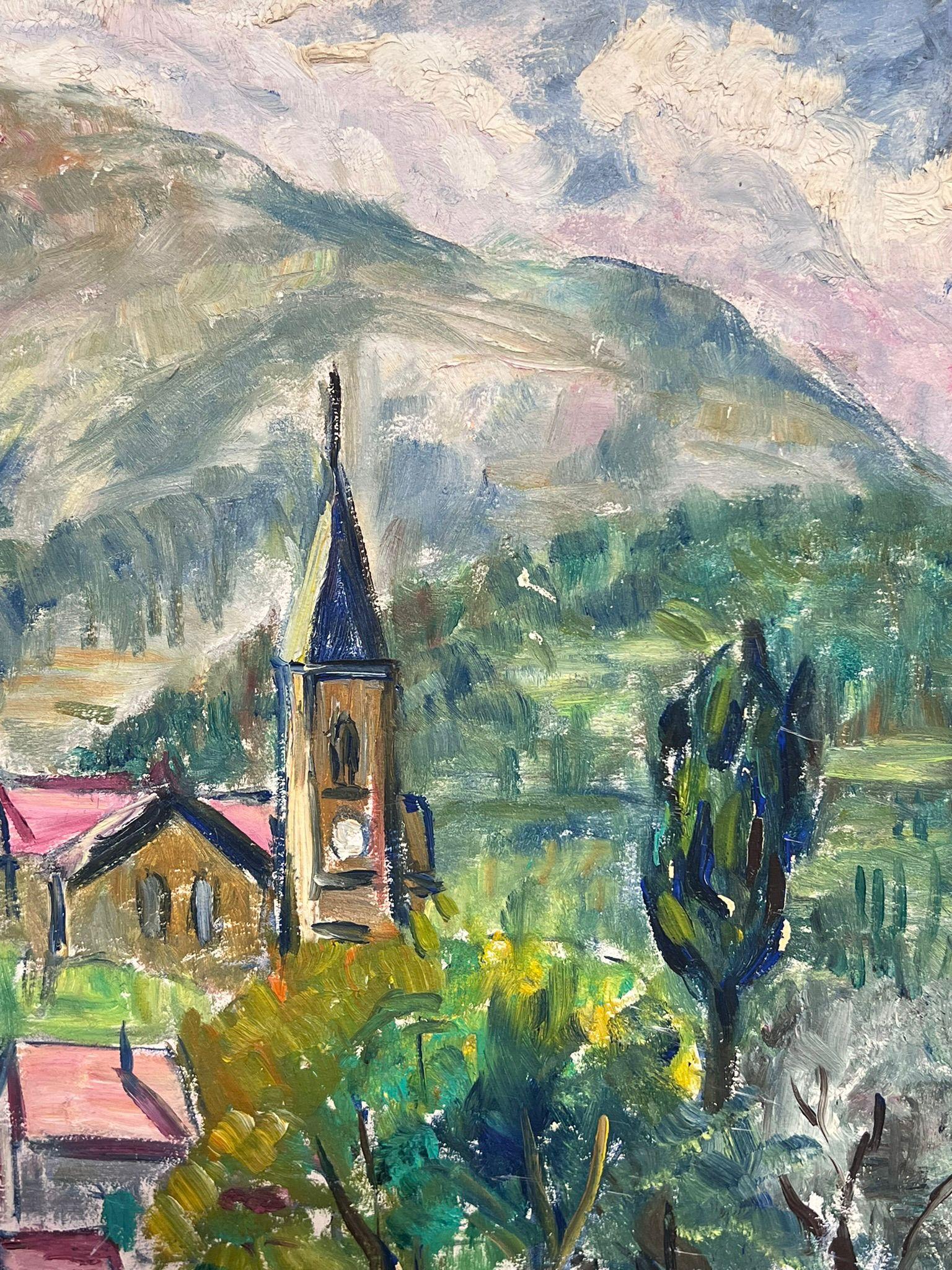 Village Church Among the Hills
by Regine David (female French artist, 1910-2018)
acrylic painting on board, unframed
measures: 14 x 1.5 inches
condition: the painting is in very sound and presentable condition and certainly very original. It had