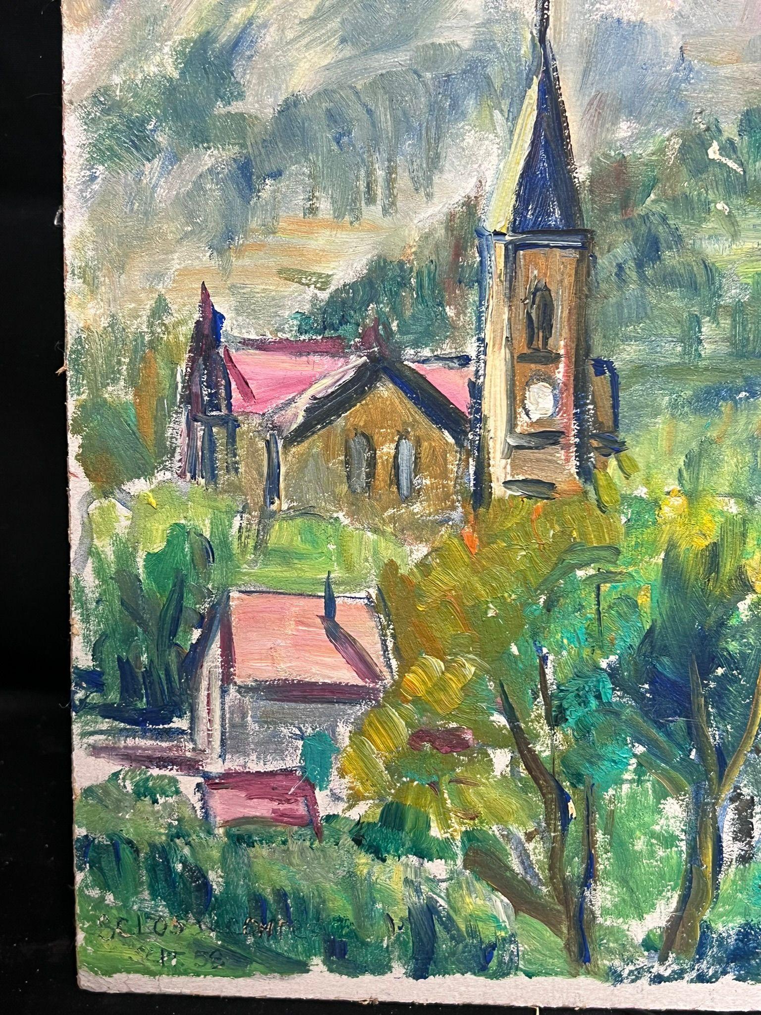 1950's French Bright Village Church Among the Hills Post-Impressionist Oil For Sale 1