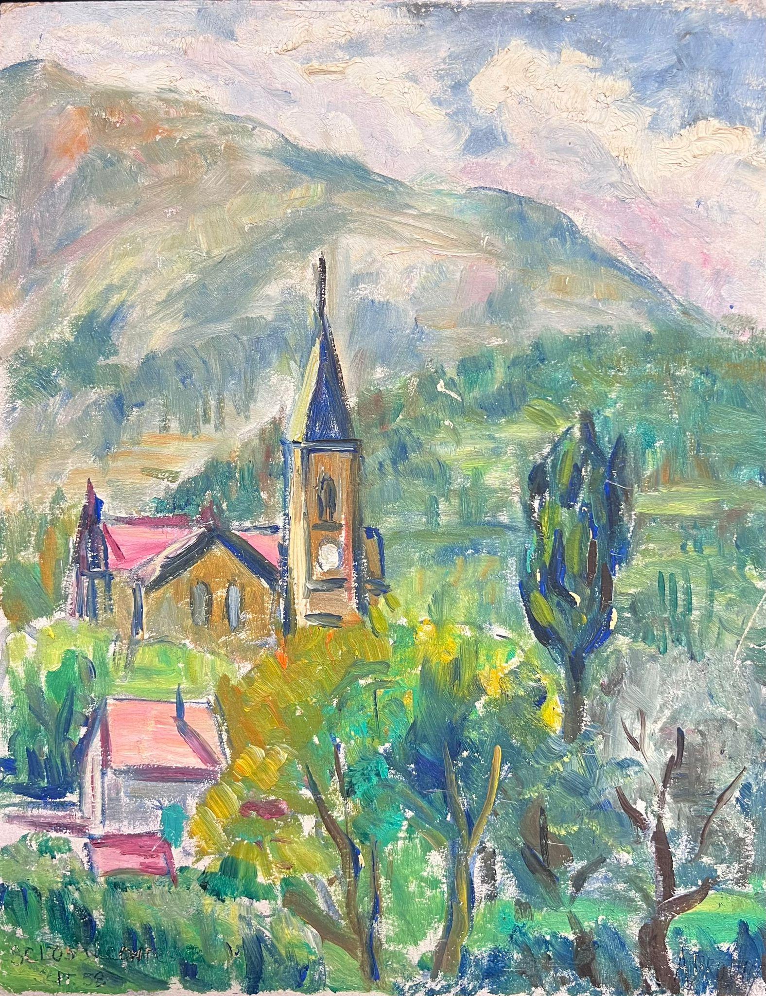 1950's French Bright Village Church Among the Hills Post-Impressionist Oil For Sale 2