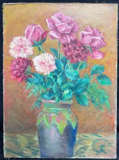1950's French Oil Still Life of Roses and Carnations in a Verdant Vase